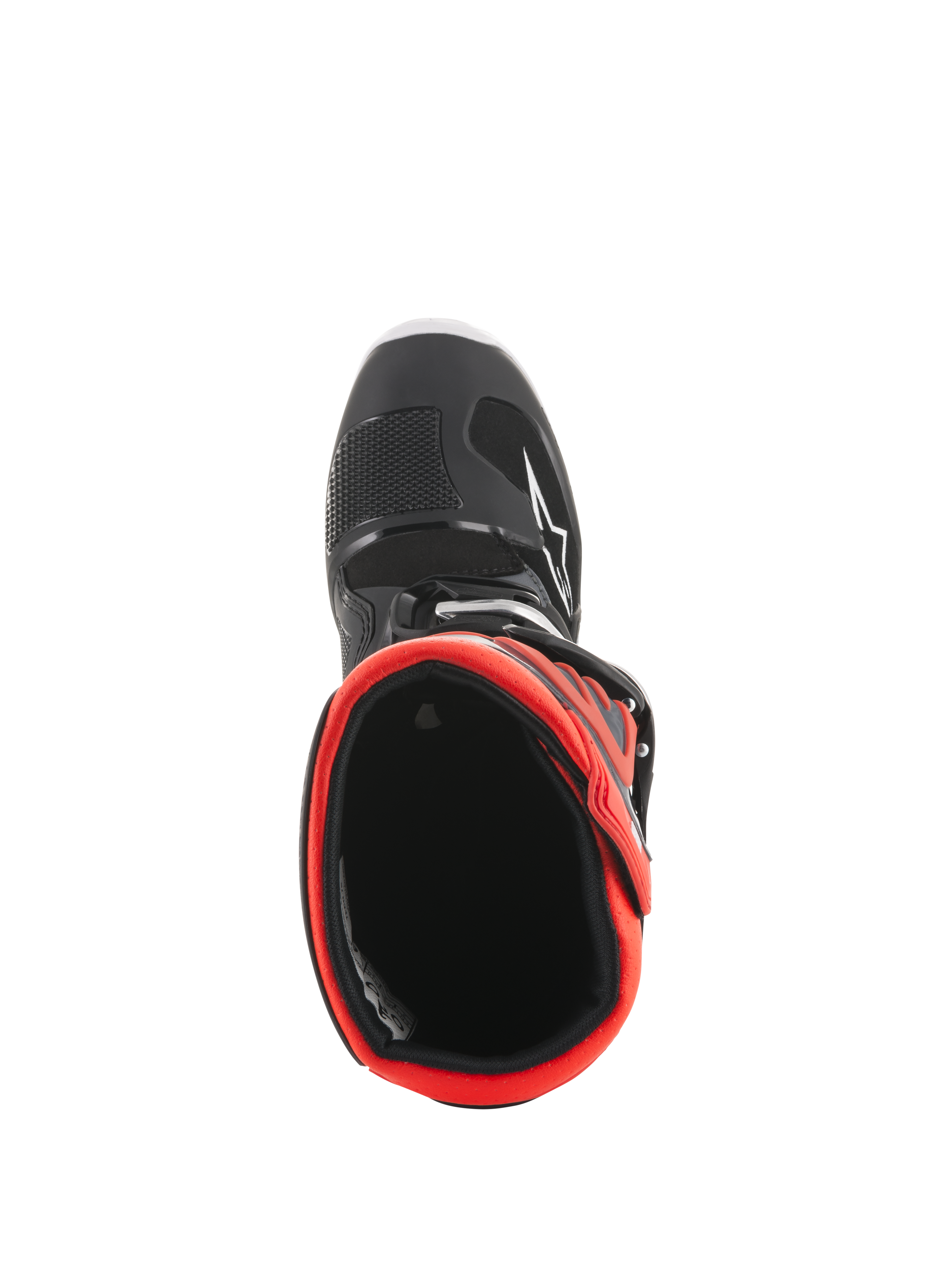 Alpinestars Youth Tech 7S laarzen, motorcrosslaarzen, zwart en fluorescerend rood, bovenaanzicht met zicht op de rode binnenvoering, voorzien van een zwarte buitenkant met wit sterlogo en duurzame synthetische constructie