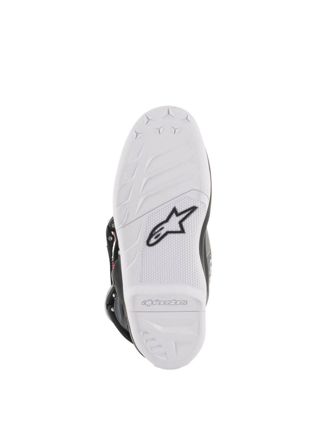 Alpinestars Youth Tech 7S Boots, motorcrosslaarzen, onderaanzicht van de witte zool, met zwart Alpinestars sterlogo en merklogo in reliëf, duurzame constructie met hoogwaardig grippatroon