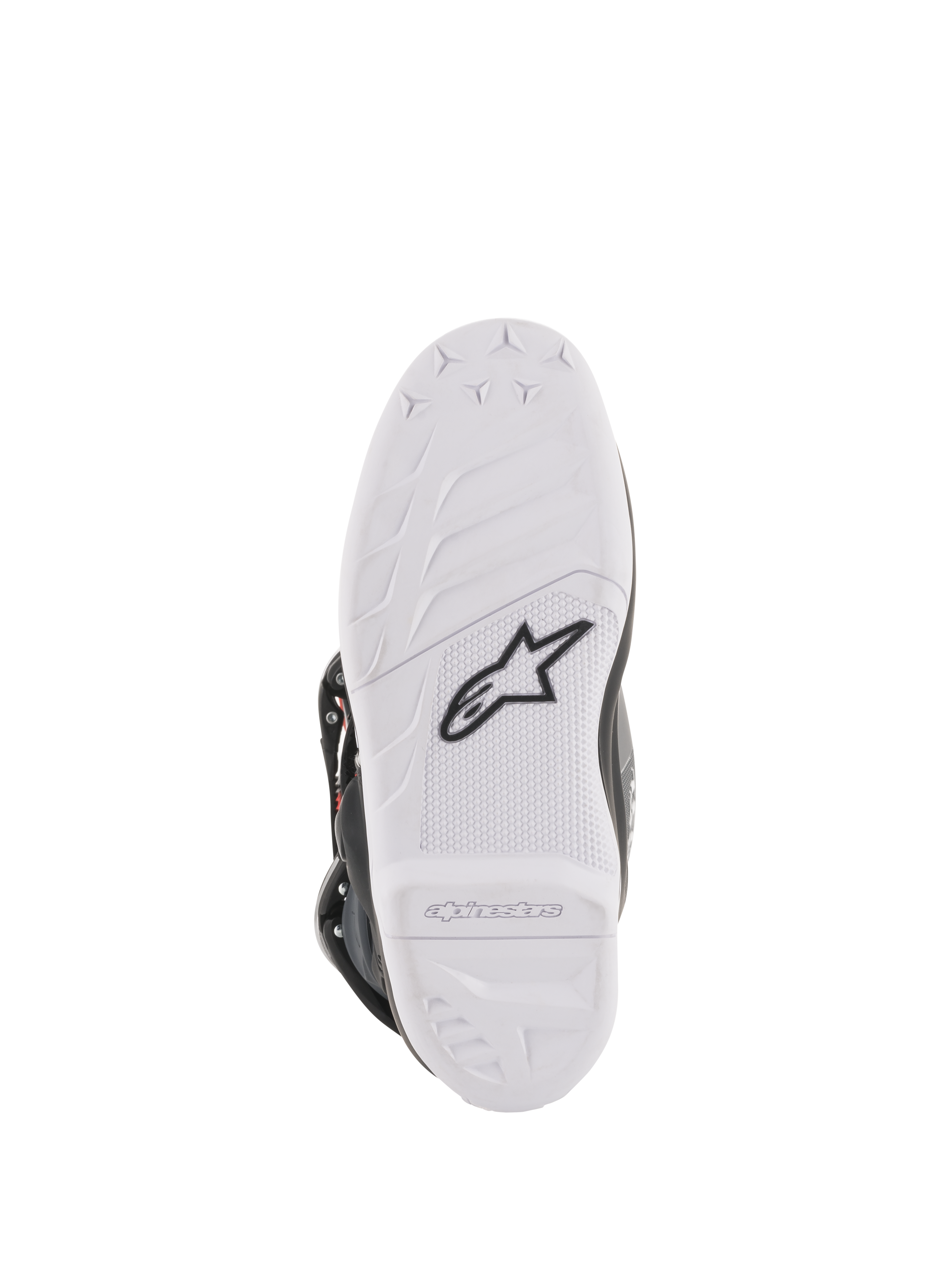 Alpinestars Youth Tech 7S Boots, motorcrosslaarzen, onderaanzicht van de witte zool, met zwart Alpinestars sterlogo en merklogo in reliëf, duurzame constructie met hoogwaardig grippatroon