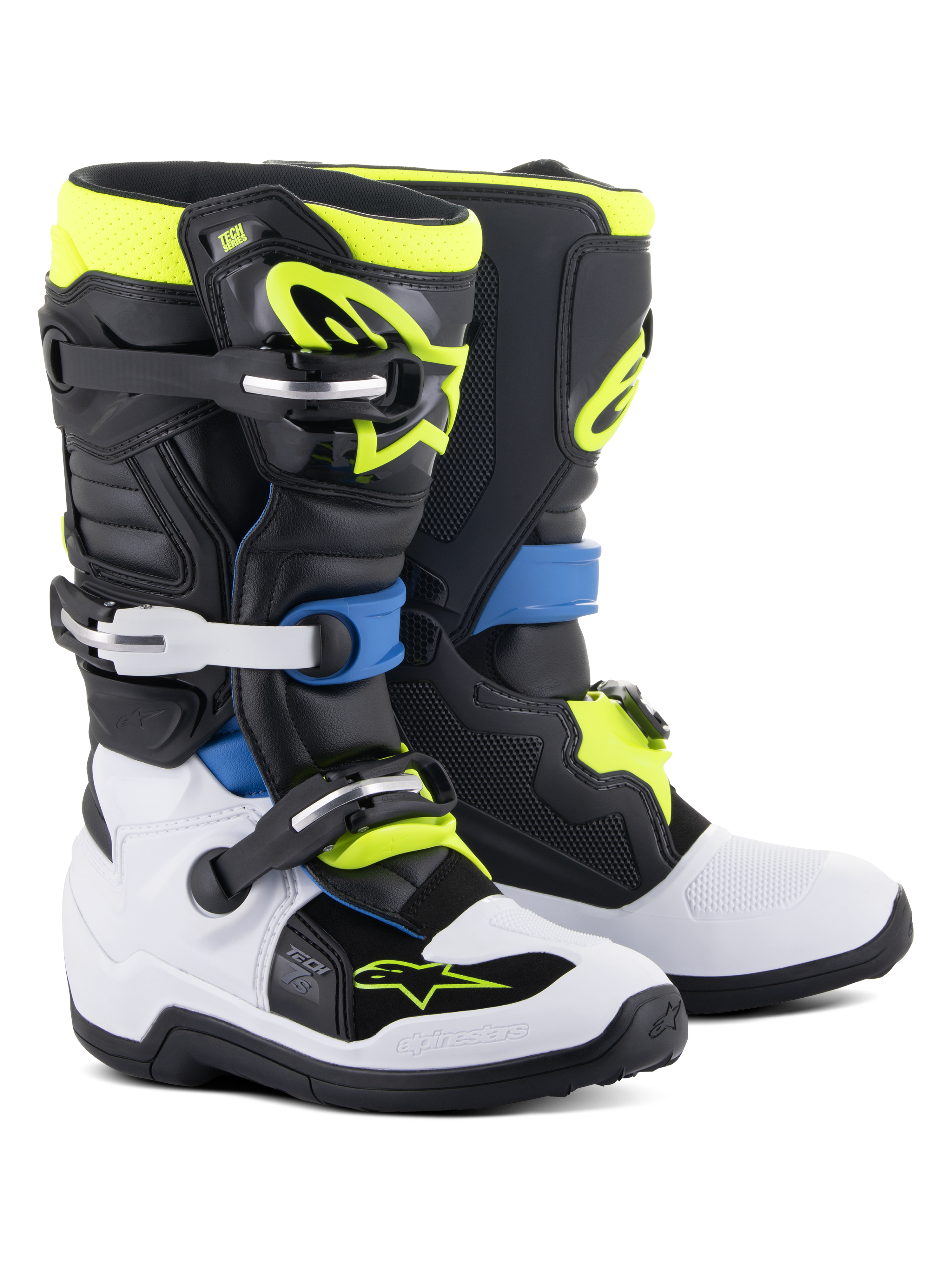 Alpinestars Youth Tech 7S Boots, motorcrosslaarzen, zwart, blauw, fluogeel en wit, voorzien van stevige gespsluitingen, TPU-scheenplaten en een flexibel draaisysteem voor junior off-road prestaties.