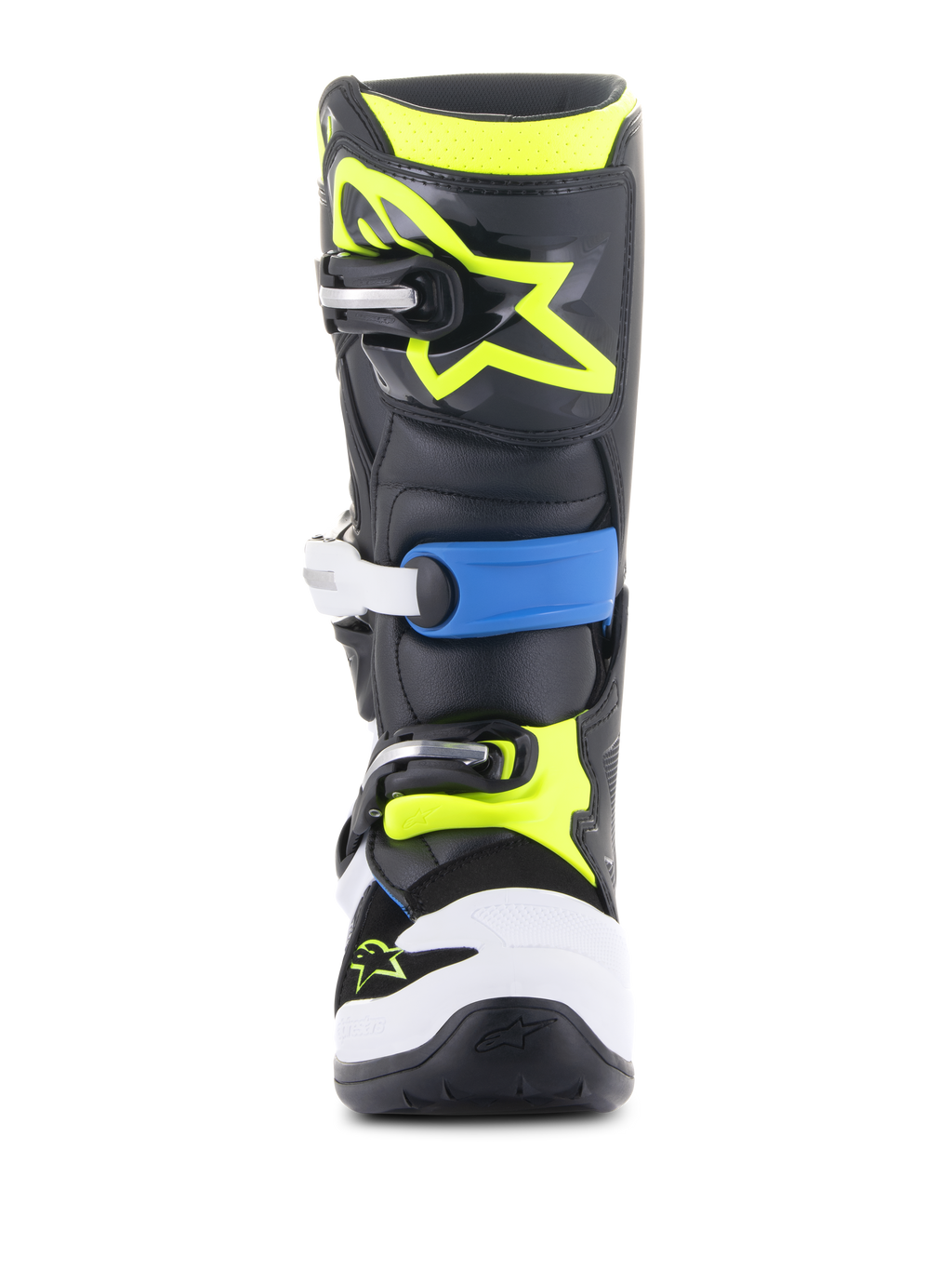 Alpinestars Youth Tech 7S laarzen, motocrosslaarzen, zwart, Enamel Blue en fluorescerend geel, vooraanzicht met een duurzaam sluitsysteem met meerdere gespen, witte teenbeschermer en opvallend fluorescerend geel Alpinestars-logo op de scheenplaat