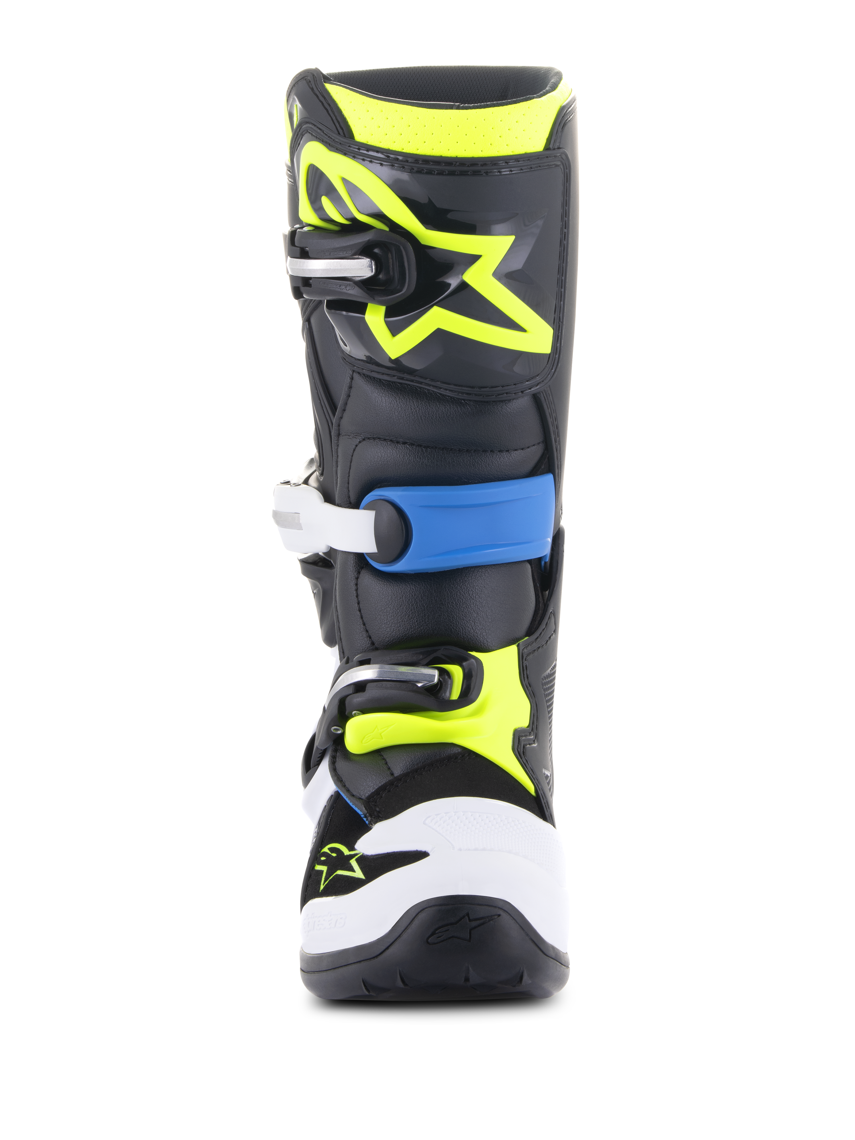 Alpinestars Youth Tech 7S laarzen, motocrosslaarzen, zwart, Enamel Blue en fluorescerend geel, vooraanzicht met een duurzaam sluitsysteem met meerdere gespen, witte teenbeschermer en opvallend fluorescerend geel Alpinestars-logo op de scheenplaat