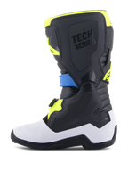 Alpinestars Youth Tech 7S laarzen, motocrosslaarzen, zwart, enamel blauw en fluogeel, voorzien van een witte onderschaal, beschermende zwarte TPU-panelen met 'TECH SERIES' branding en een stevig gespsysteem, ontworpen voor jeugdrijders.