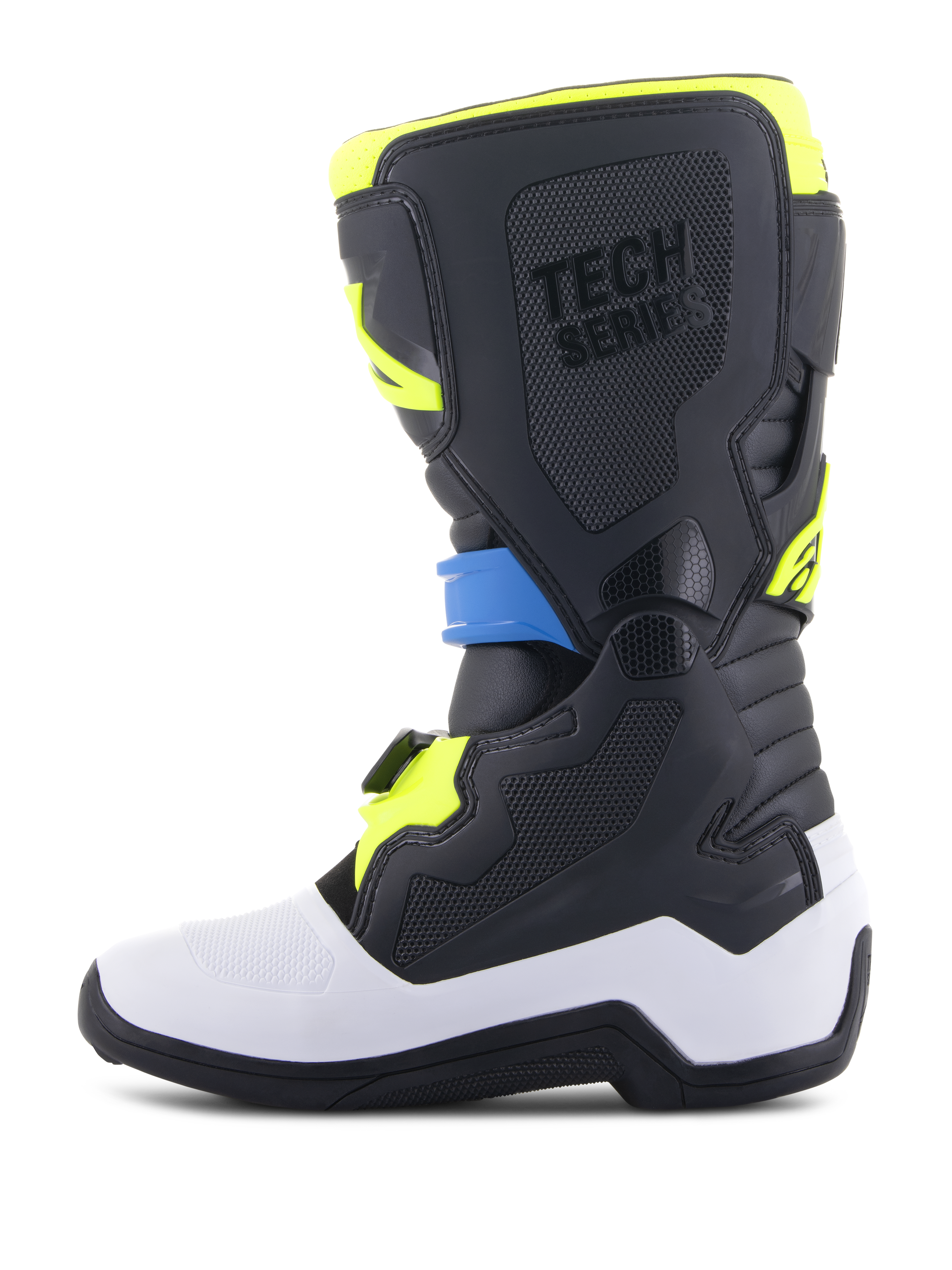 Alpinestars Youth Tech 7S laarzen, motocrosslaarzen, zwart, enamel blauw en fluogeel, voorzien van een witte onderschaal, beschermende zwarte TPU-panelen met 'TECH SERIES' branding en een stevig gespsysteem, ontworpen voor jeugdrijders.