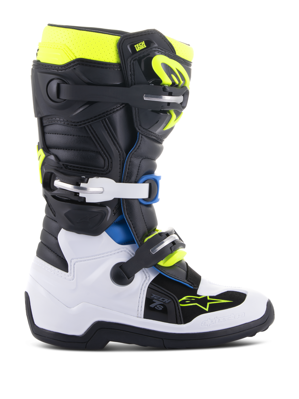 Alpinestars Youth Tech 7S laarzen, motorcrosslaarzen voor jonge rijders, zwart, wit en geel fluo met blauwe accenten, voorzien van een verstelbaar gespsysteem, versterkte beschermingspanelen en een zool met hoge tractie voor off-road racing