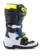 Alpinestars Youth Tech 7S laarzen, motorcrosslaarzen voor jonge rijders, zwart, wit en geel fluo met blauwe accenten, voorzien van een verstelbaar gespsysteem, versterkte beschermingspanelen en een zool met hoge tractie voor off-road racing