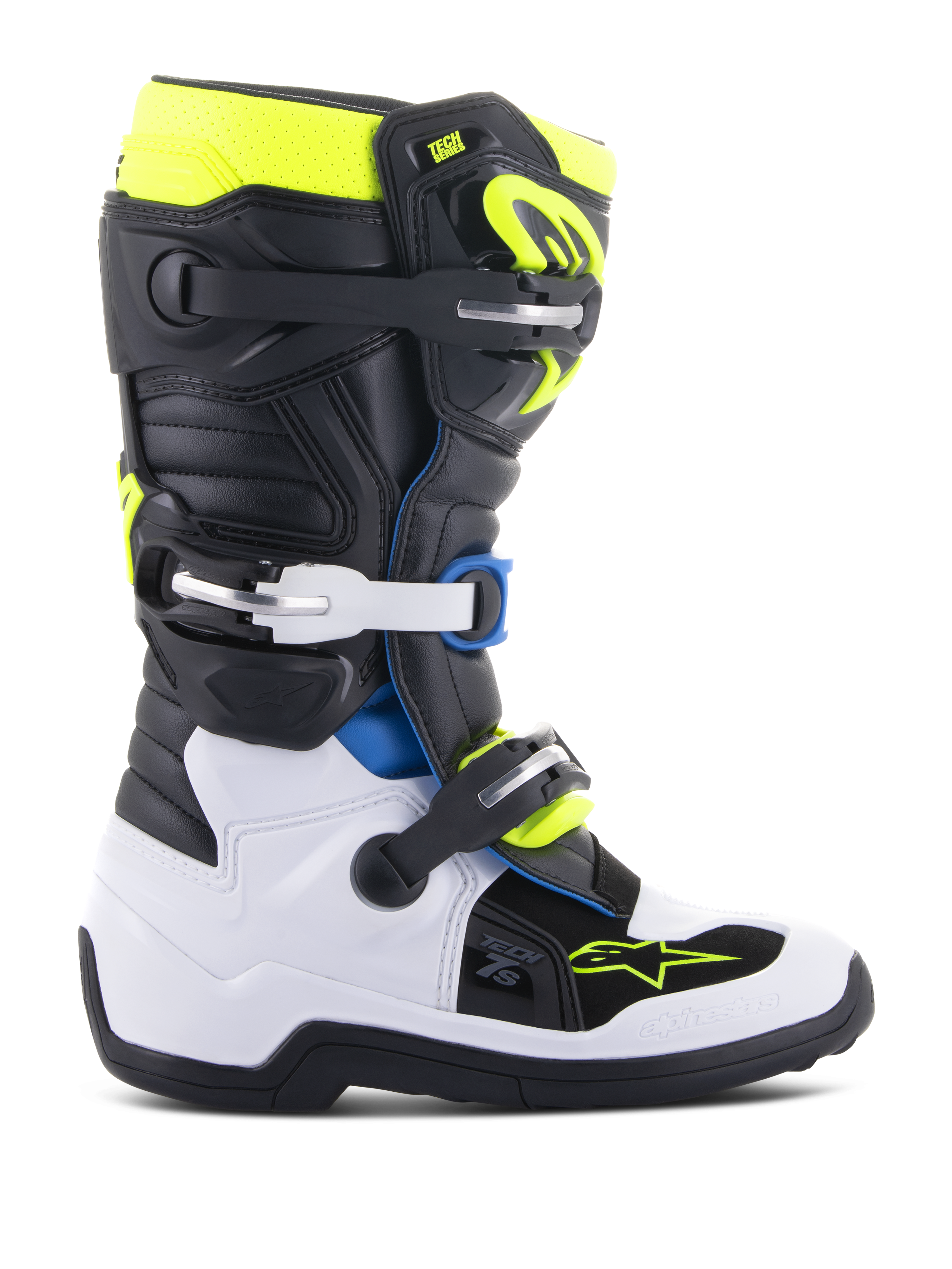 Alpinestars Youth Tech 7S laarzen, motorcrosslaarzen voor jonge rijders, zwart, wit en geel fluo met blauwe accenten, voorzien van een verstelbaar gespsysteem, versterkte beschermingspanelen en een zool met hoge tractie voor off-road racing