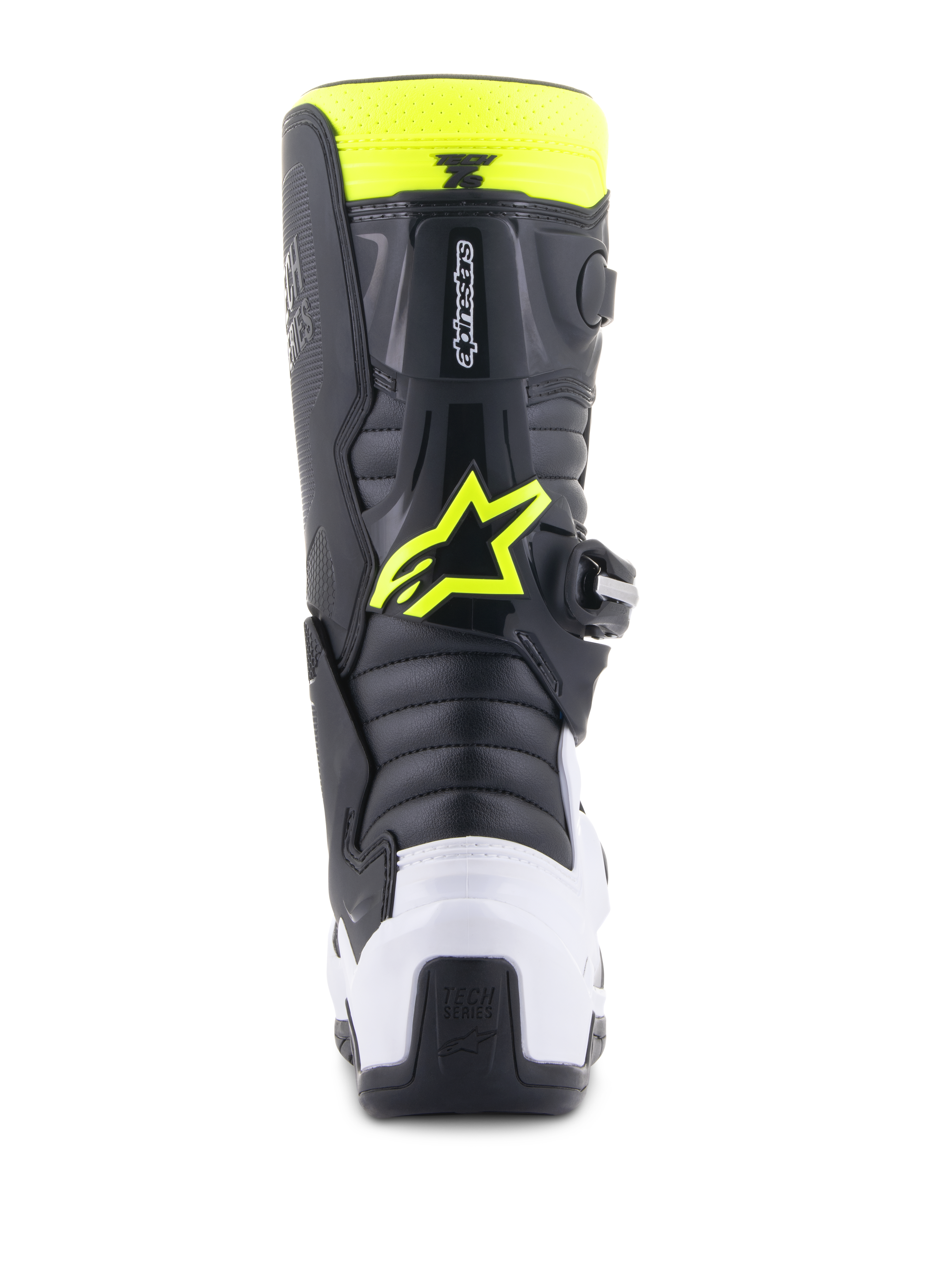 Alpinestars Youth Tech 7S laarzen, motorcrosslaarzen, zwart, wit en geel fluo, achteraanzicht met een witte hielbeschermer en neongeel Alpinestars-logo, duurzaam off-road schoeisel voor junior rijders