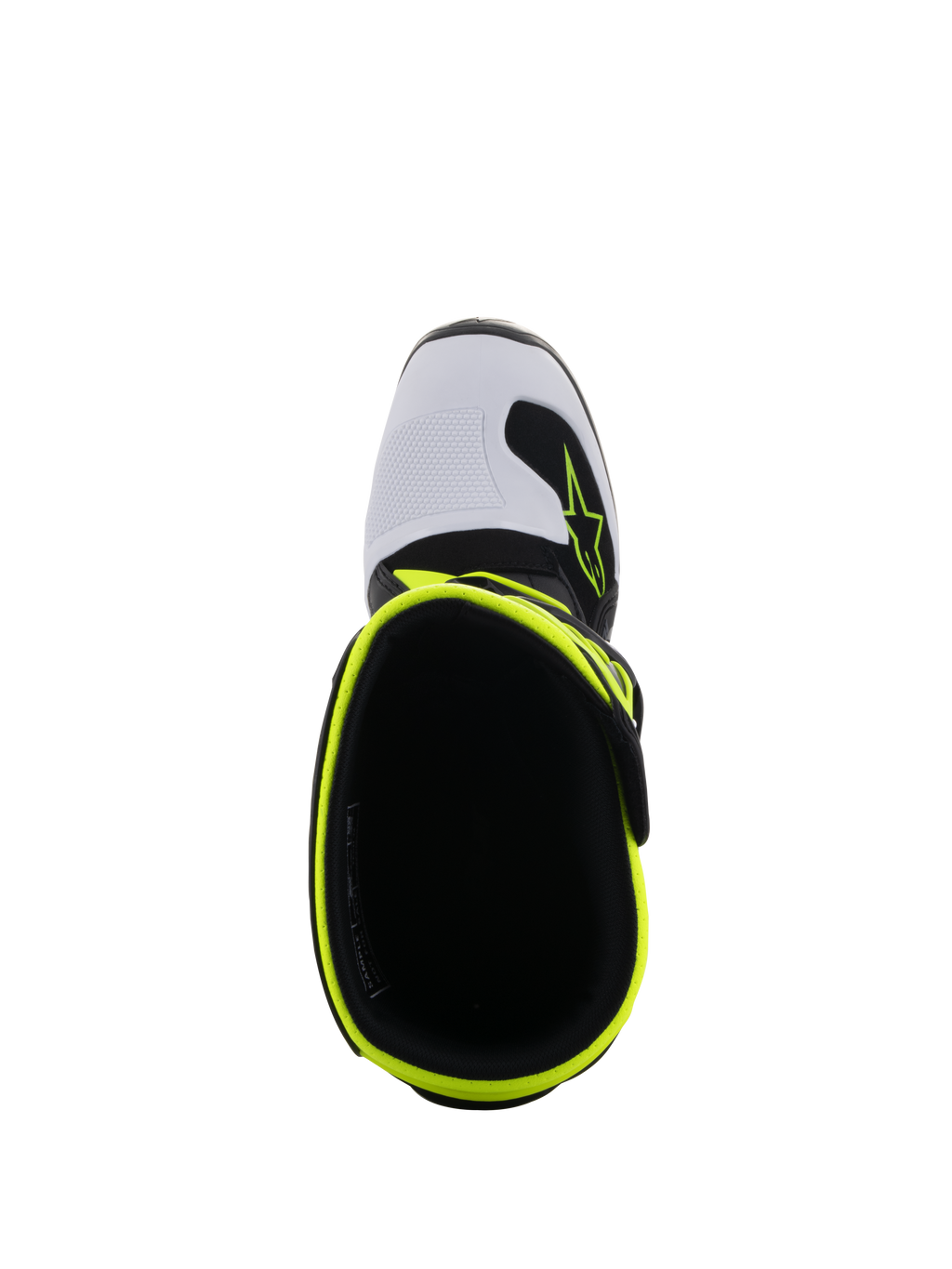 Alpinestars Youth Tech 7S laarzen, motorcrosslaarzen, zwart, wit en fluogeel, bovenaanzicht met de opening aan de bovenkant en de fluorescerende gele rand, witte neus met Alpinestars-logo, hoogwaardig beschermend schoeisel voor jongeren