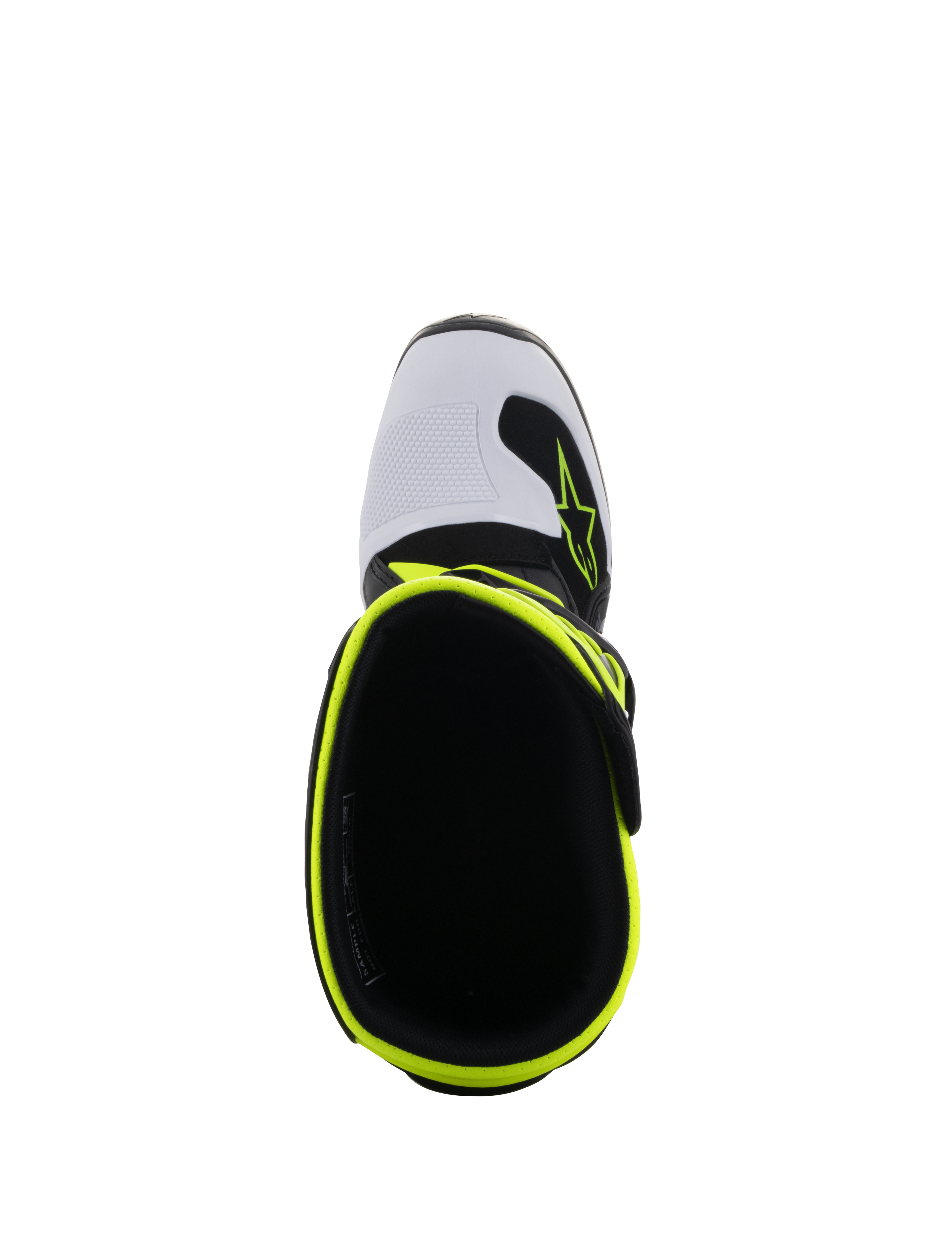Alpinestars Youth Tech 7S laarzen, motorcrosslaarzen, zwart, wit en fluogeel, bovenaanzicht met de opening aan de bovenkant en de fluorescerende gele rand, witte neus met Alpinestars-logo, hoogwaardig beschermend schoeisel voor jongeren
