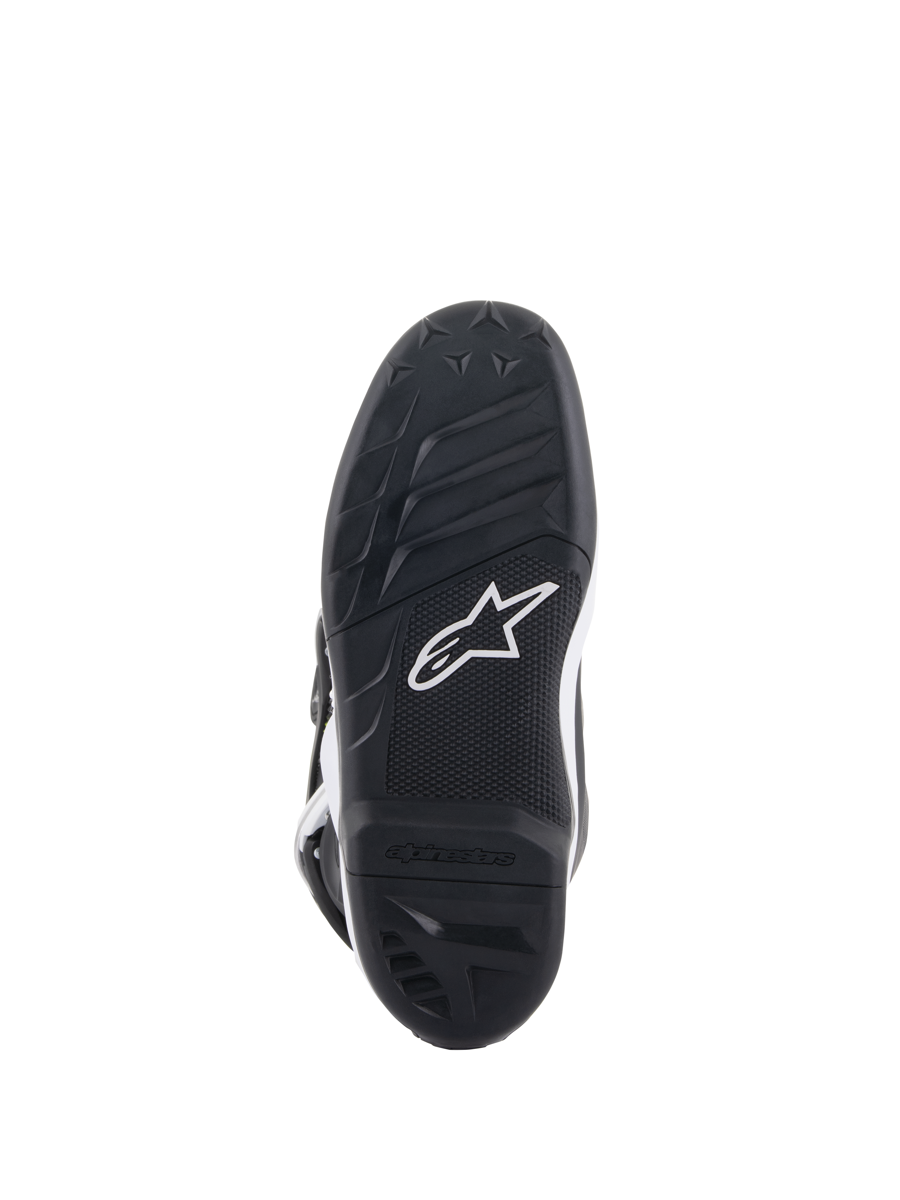 Alpinestars Youth Tech 7S Laarzen, onderaanzicht van de zool, zwart rubber met gestructureerd grippatroon en wit Alpinestars-logo, duurzame compound-constructie voor jeugd motorcross.