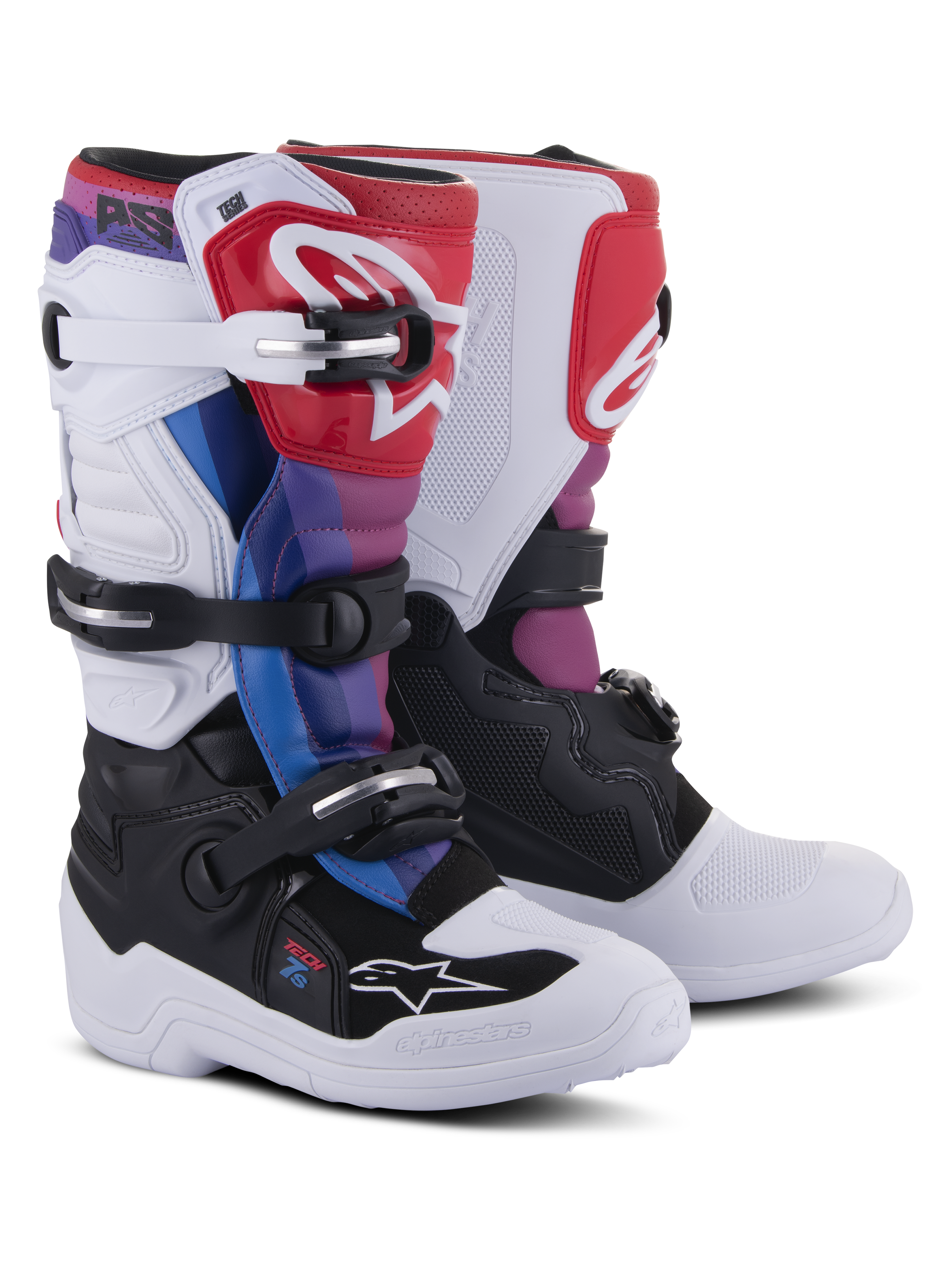 Alpinestars Youth Tech 7S laarzen, motorcross laarzen, White Black Rainbow, met een witte en zwarte basis met rode, blauwe en paarse accenten, sluitsysteem met meerdere gespen en beschermende scheenplaat voor off-road racen