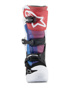 Alpinestars Youth Tech 7S laarzen, motorcrosslaarzen, White Black Rainbow, vooraanzicht met rode scheenplaat en wit ster-logo, blauwe en paarse panelen, zwart gespsysteem en witte neus, duurzaam off-road race-schoeisel