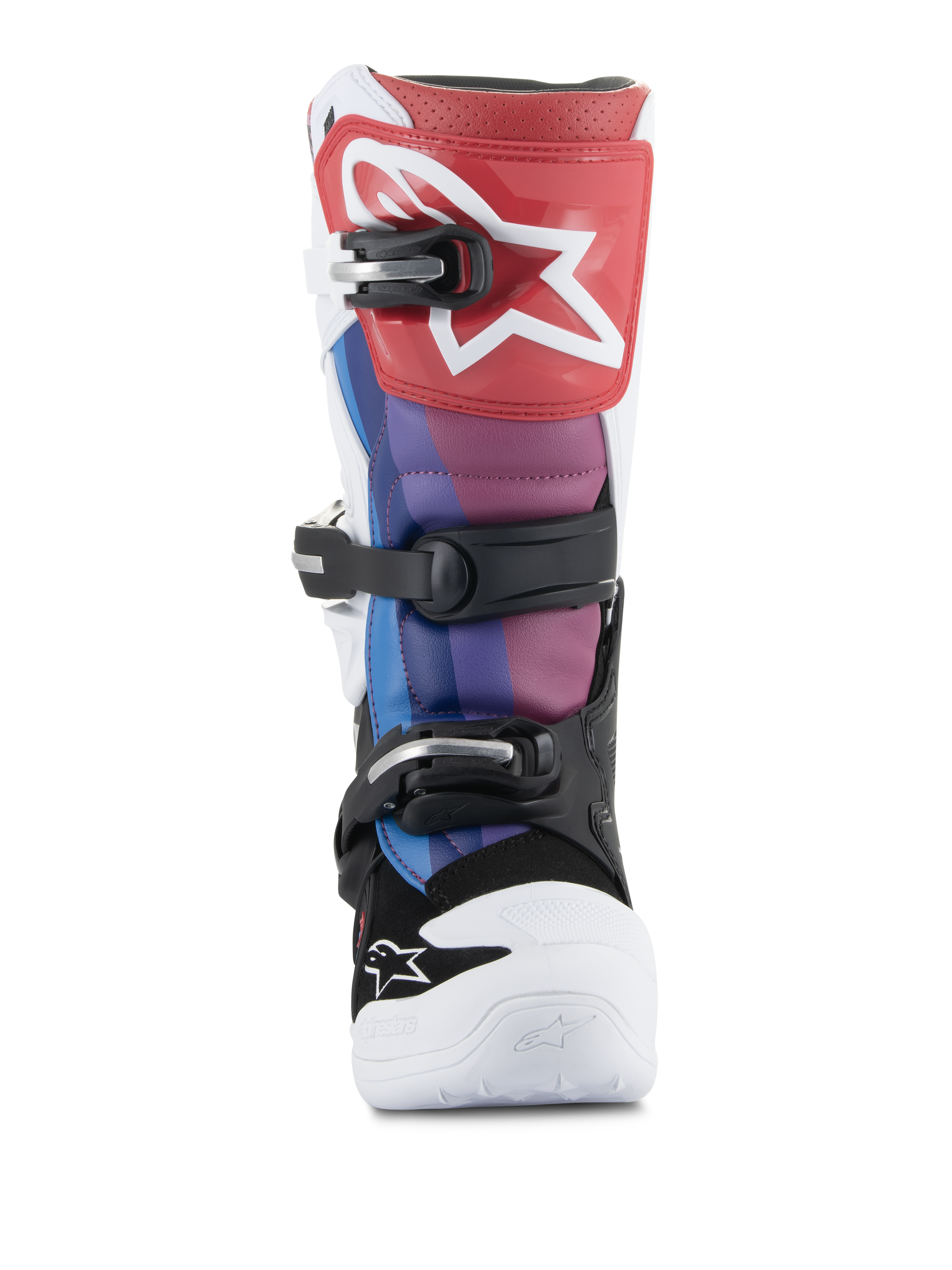 Alpinestars Youth Tech 7S laarzen, motorcrosslaarzen, White Black Rainbow, vooraanzicht met rode scheenplaat en wit ster-logo, blauwe en paarse panelen, zwart gespsysteem en witte neus, duurzaam off-road race-schoeisel