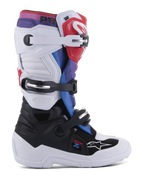 Alpinestars Youth Tech 7S motorlaarzen, motorcrosslaarzen voor jonge rijders, wit en zwart met rode, blauwe en paarse accenten, voorzien van een drievoudig gespsluitingssysteem, beschermende TPU-panelen en een duurzame dikke witte zool