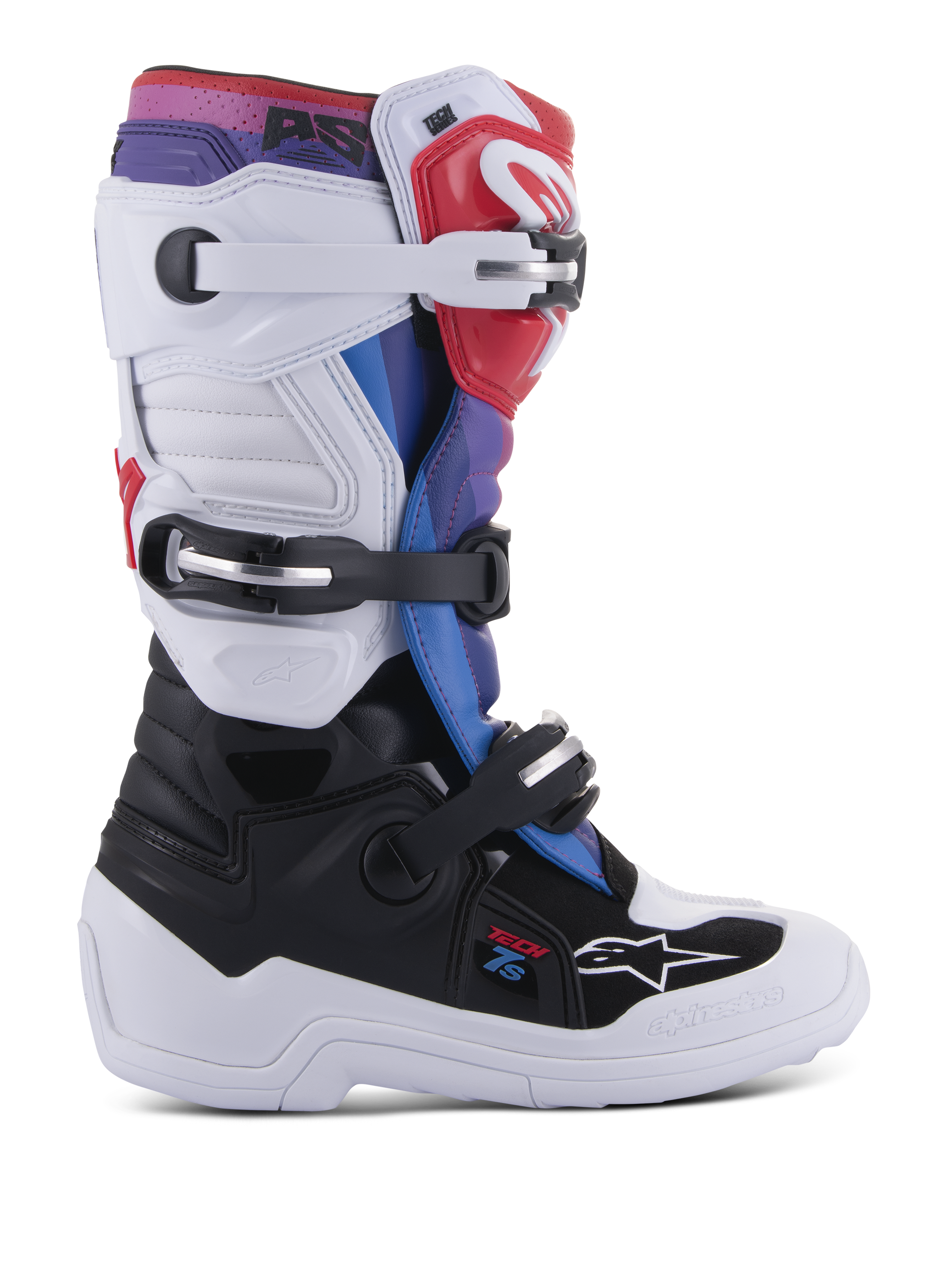Alpinestars Youth Tech 7S motorlaarzen, motorcrosslaarzen voor jonge rijders, wit en zwart met rode, blauwe en paarse accenten, voorzien van een drievoudig gespsluitingssysteem, beschermende TPU-panelen en een duurzame dikke witte zool