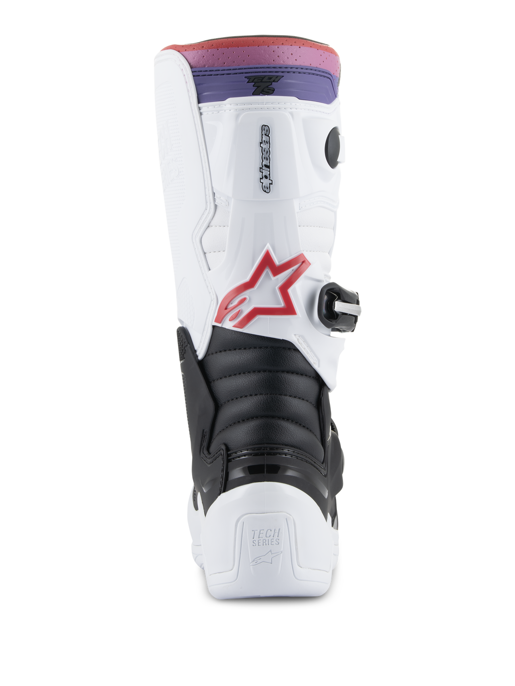Alpinestars Youth Tech 7S laarzen, motorcrosslaarzen, wit, zwart en regenboog, achteraanzicht met hiel- en kuitbescherming, zwarte accordeon flex-zone, rood sterlogo en een roze en paarse gradiënt bovenband