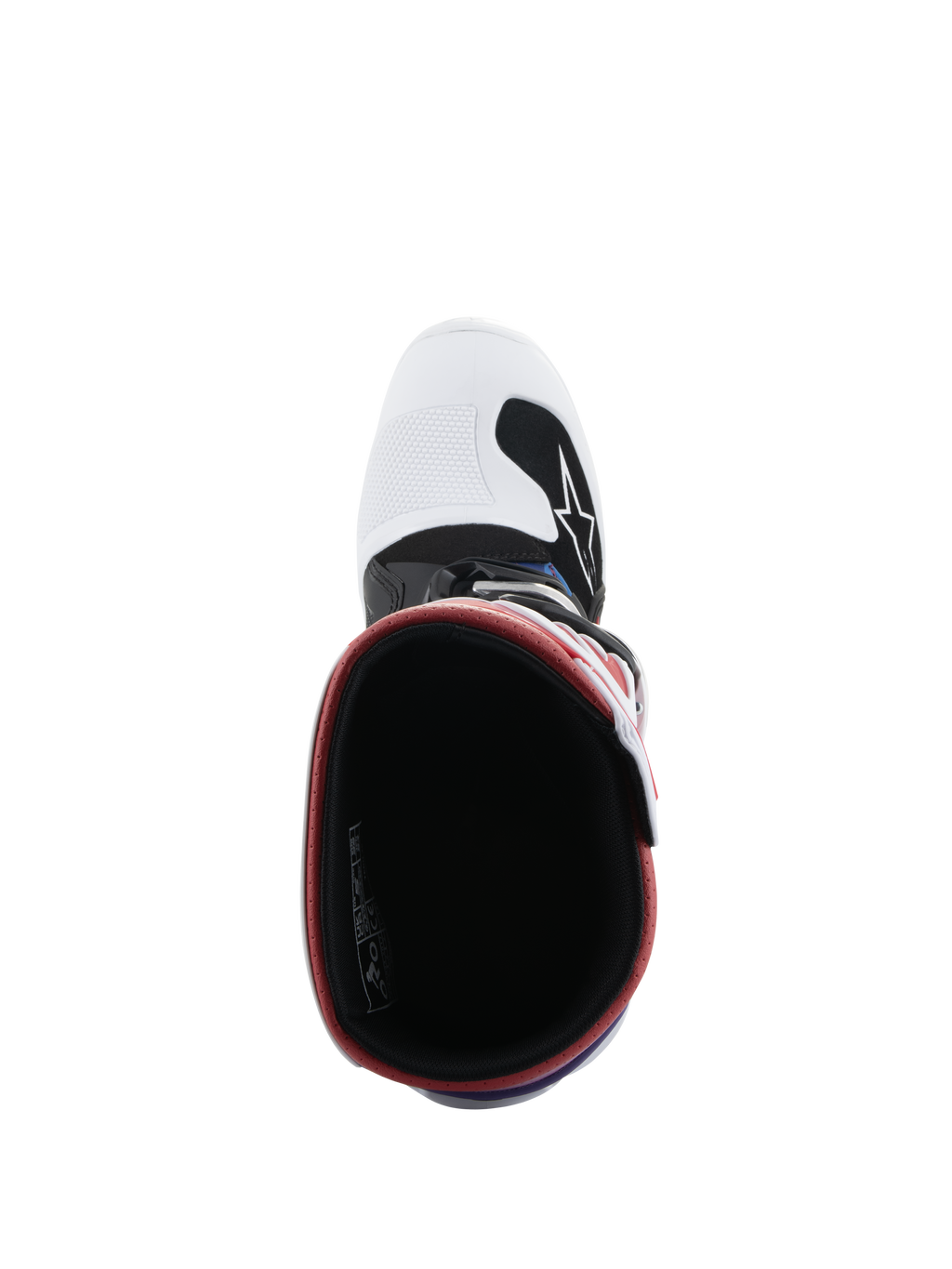 Alpinestars Youth Tech 7S laarzen, motorcrosslaarzen, White Black Rainbow, bovenaanzicht met inkijk in de laars, zwart interieur met rode rand, witte neus met zwart Alpinestars-logo