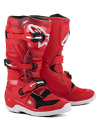 Alpinestars Youth Tech 7S laarzen, rode motorcrosslaarzen met witte en zwarte accenten, voorzien van een sluitsysteem met drie gespen, wit Alpinestars-logo op de scheenplaat en een duurzame witte zool