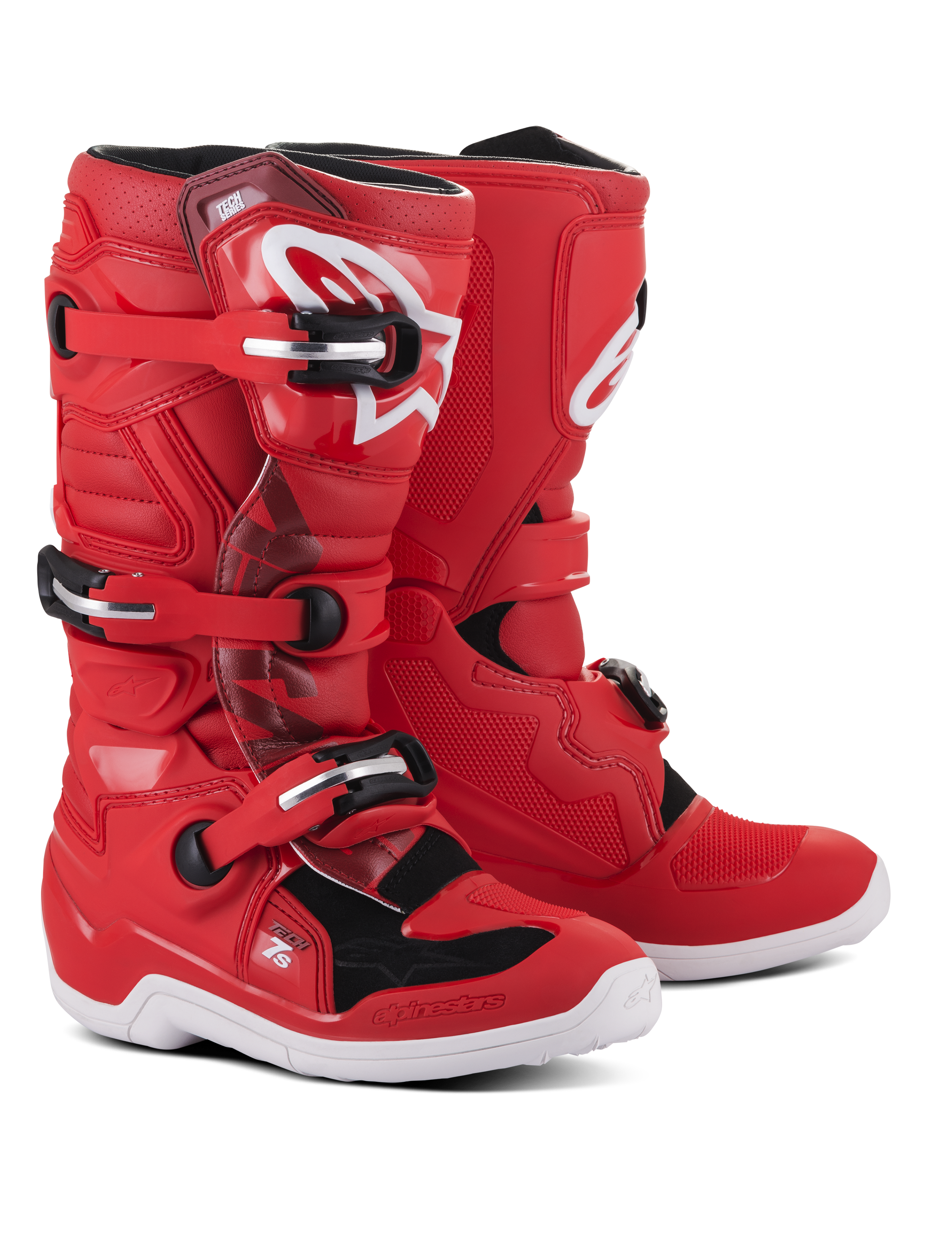 Alpinestars Youth Tech 7S laarzen, rode motorcrosslaarzen met witte en zwarte accenten, voorzien van een sluitsysteem met drie gespen, wit Alpinestars-logo op de scheenplaat en een duurzame witte zool