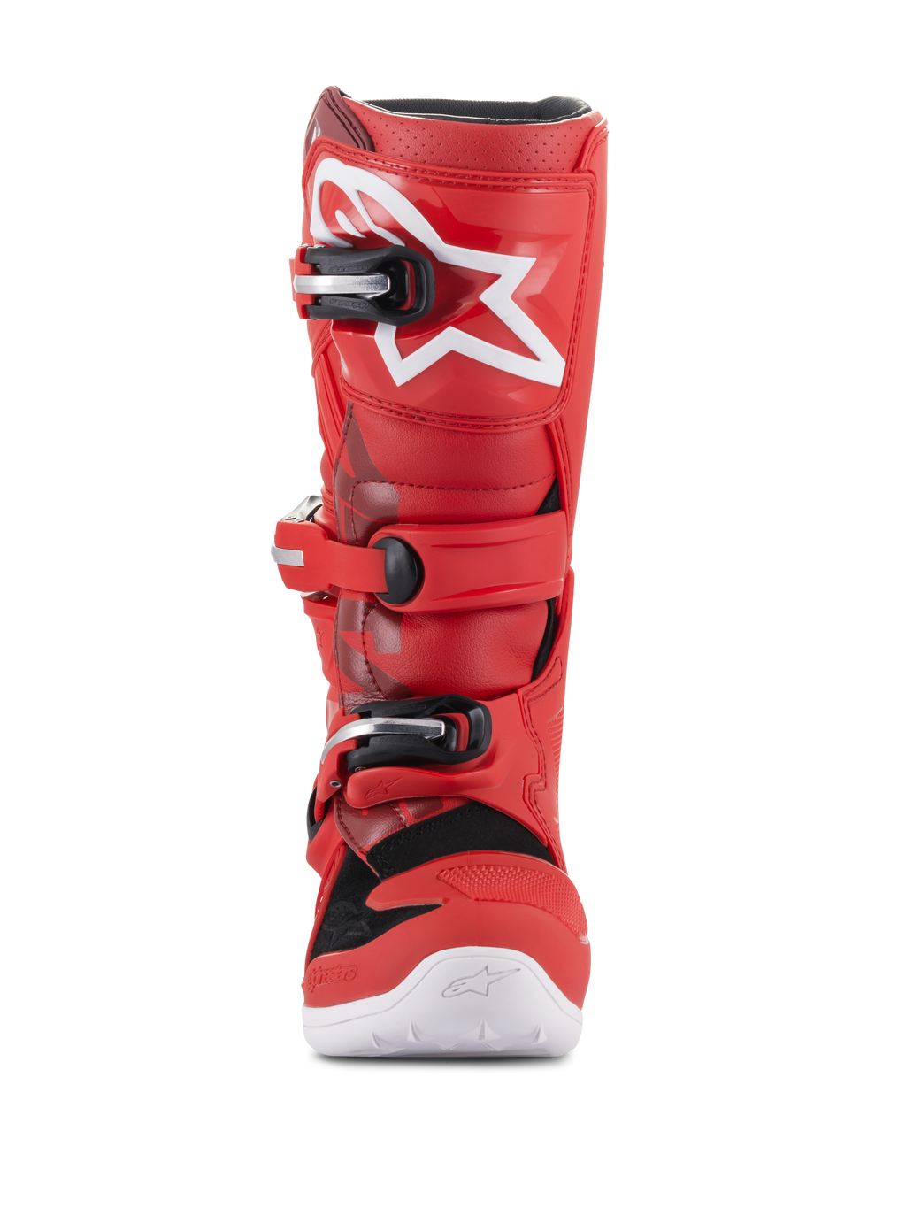 Alpinestars Youth Tech 7S laarzen, jeugd motorcrosslaarzen, rood, met wit sterlogo op de scheenplaat, zwart en zilver gespsysteem, witte zool, duurzame constructie voor off-road rijden, vooraanzicht