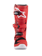 Alpinestars Youth Tech 7S laarzen, jeugd motorcrosslaarzen, rood, met wit sterlogo op de scheenplaat, zwart en zilver gespsysteem, witte zool, duurzame constructie voor off-road rijden, vooraanzicht
