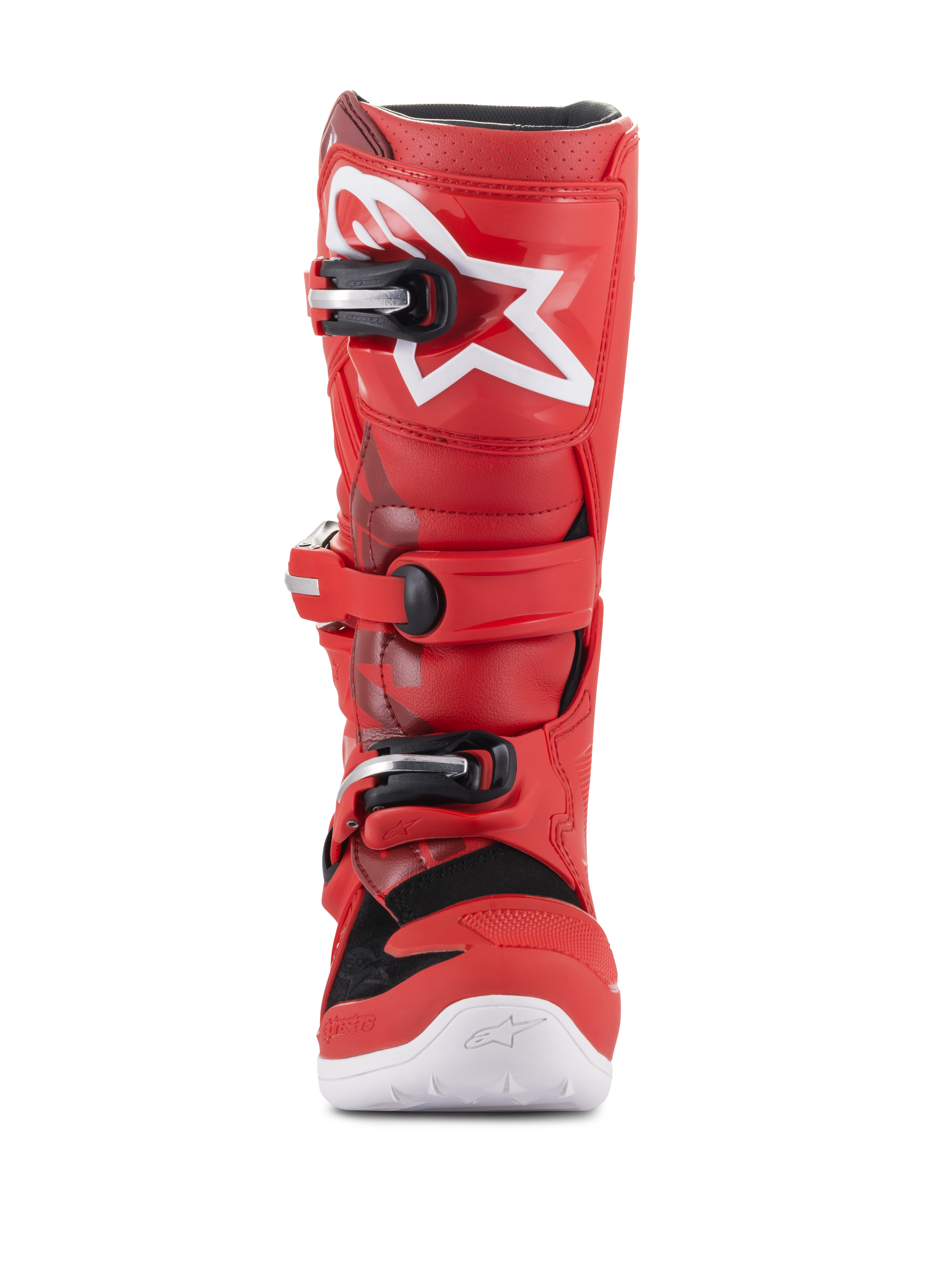 Alpinestars Youth Tech 7S laarzen, jeugd motorcrosslaarzen, rood, met wit sterlogo op de scheenplaat, zwart en zilver gespsysteem, witte zool, duurzame constructie voor off-road rijden, vooraanzicht