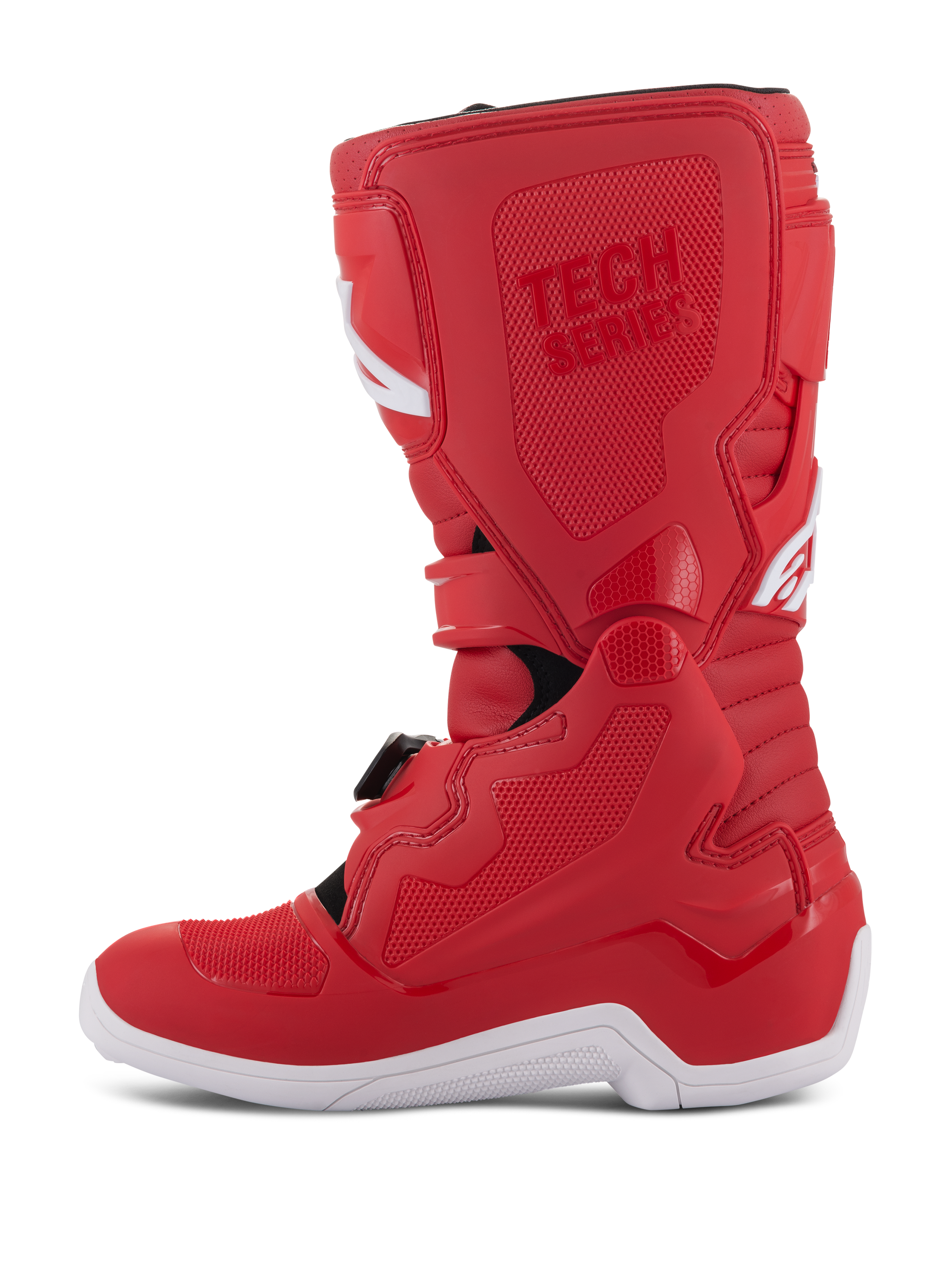 Alpinestars Youth Tech 7S laarzen, jeugd motorcrosslaarzen, rood, voorzien van een witte zool, TPU-versterkte panelen, meerdere gespsluitingen en 'TECH SERIES' branding, ontworpen voor junior off-road rijders