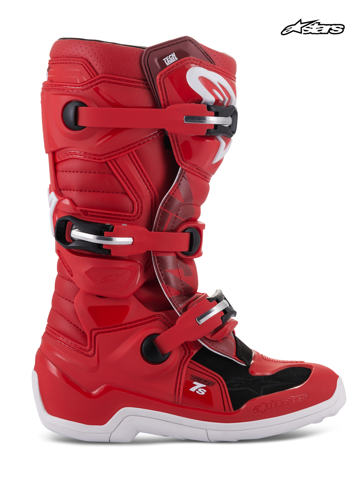 Alpinestars Jeugd Tech 7S laarzen, motorcrosslaarzen voor jeugd in rood en wit, CE-gecertificeerd met gespsluitingssysteem en draaipuntsysteem, zijaanzicht