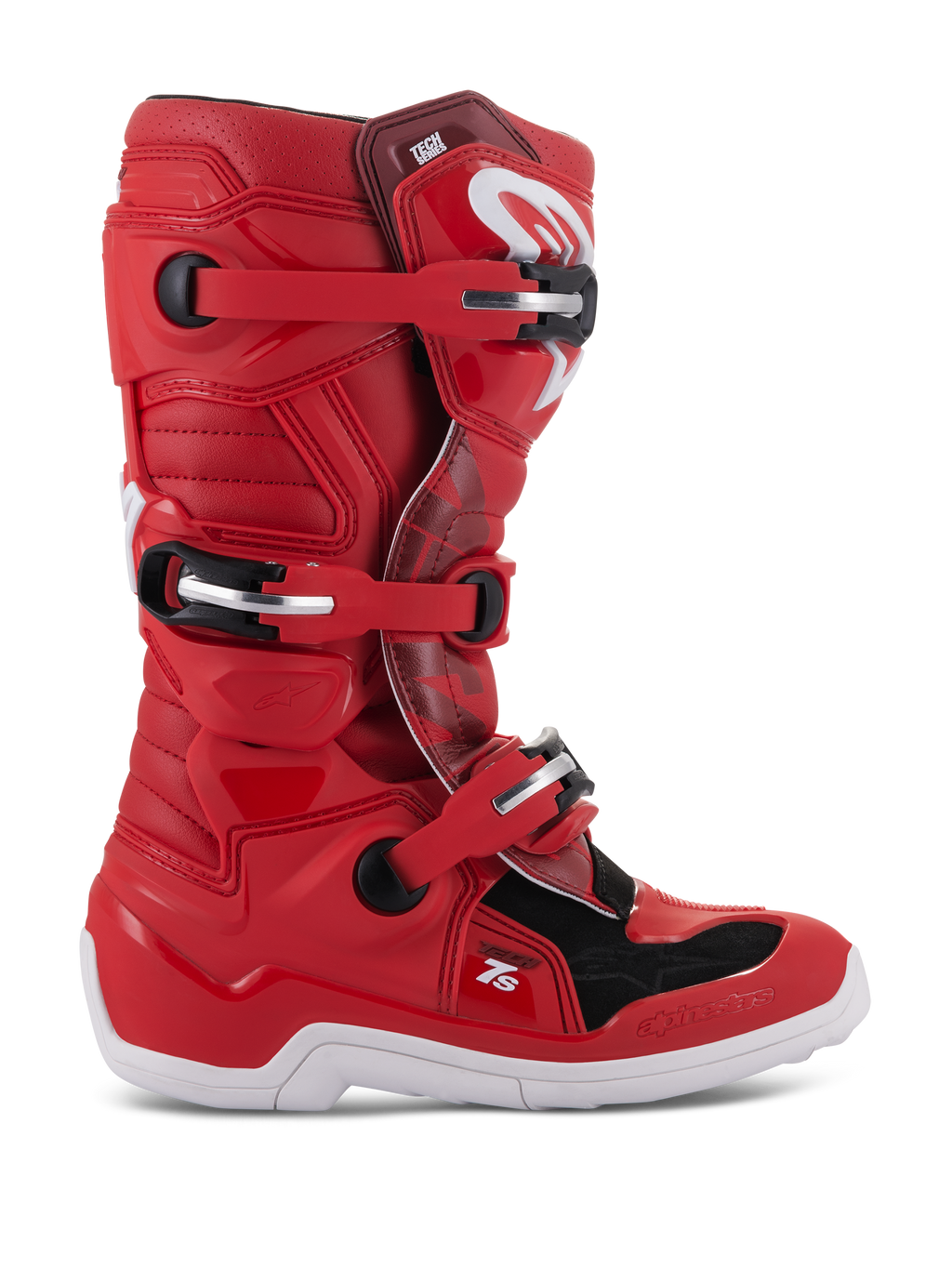 Alpinestars Youth Tech 7S laarzen, motorcross off-road laarzen, rood met zwarte en witte accenten, meervoudig gespsluitsysteem, getextureerde beschermingspanelen, witte zool, versterkte structuur voor jeugdrijders