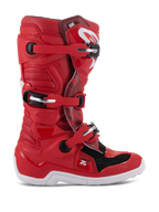 Alpinestars Youth Tech 7S laarzen, motorcross off-road laarzen, rood met zwarte en witte accenten, meervoudig gespsluitsysteem, getextureerde beschermingspanelen, witte zool, versterkte structuur voor jeugdrijders
