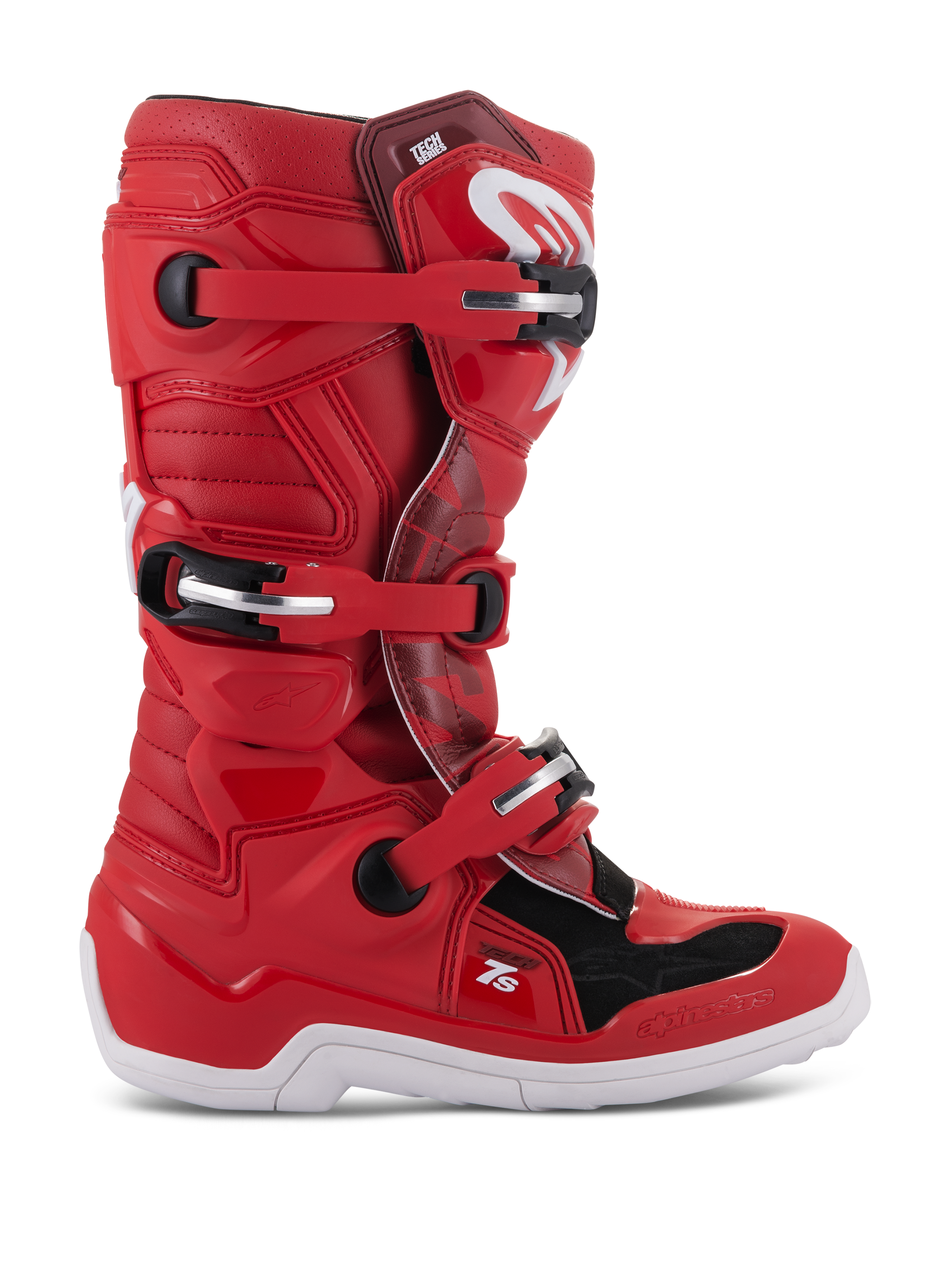 Alpinestars Youth Tech 7S laarzen, motorcross off-road laarzen, rood met zwarte en witte accenten, meervoudig gespsluitsysteem, getextureerde beschermingspanelen, witte zool, versterkte structuur voor jeugdrijders