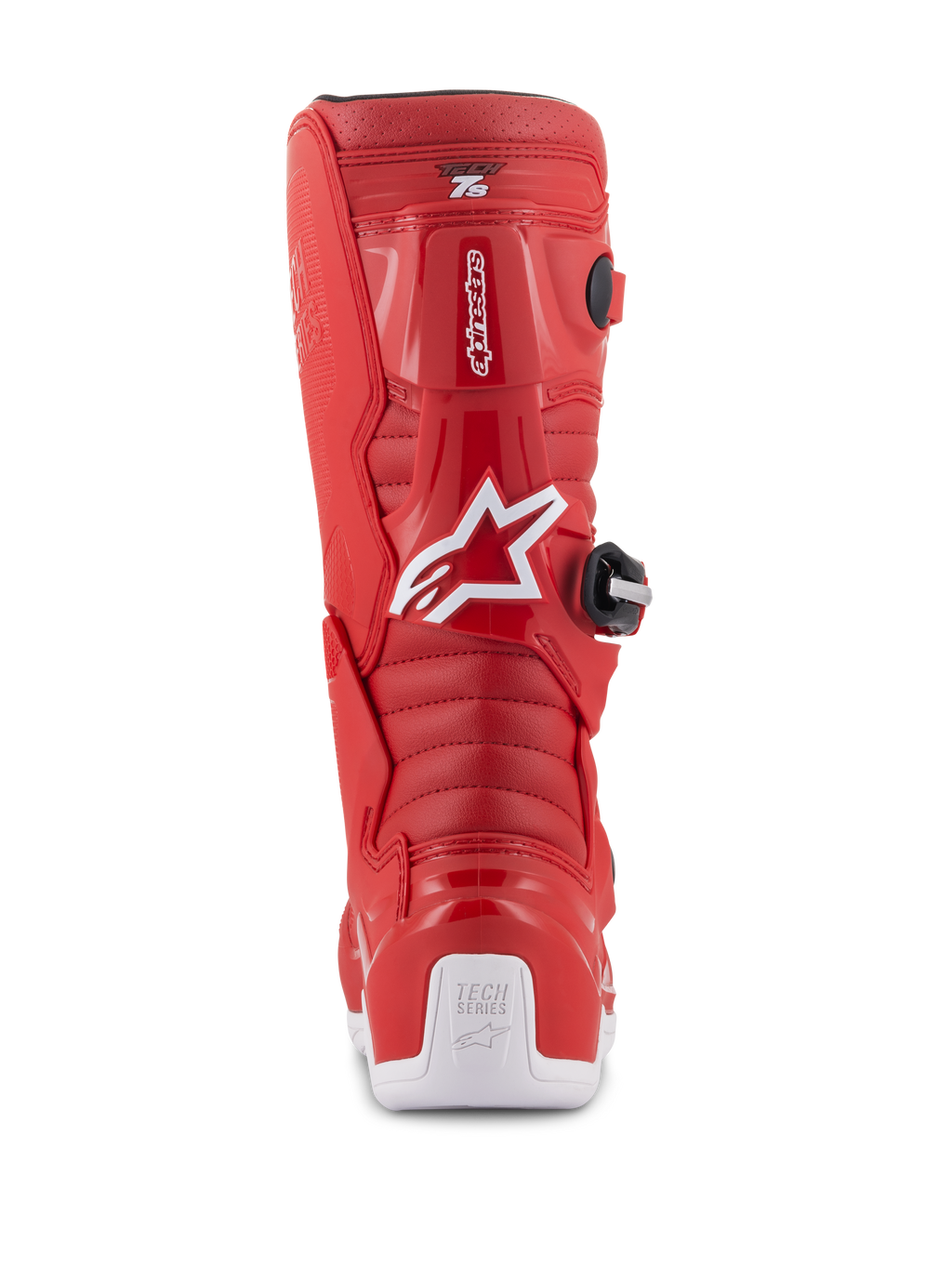 Alpinestars Jeugd Tech 7S laarzen, rode motorcrosslaarzen, achteraanzicht met wit Alpinestars-logo en hielbeschermer, geribbelde flexzones, beschermende TPU-constructie voor off-road racen voor de jeugd