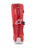 Alpinestars Jeugd Tech 7S laarzen, rode motorcrosslaarzen, achteraanzicht met wit Alpinestars-logo en hielbeschermer, geribbelde flexzones, beschermende TPU-constructie voor off-road racen voor de jeugd