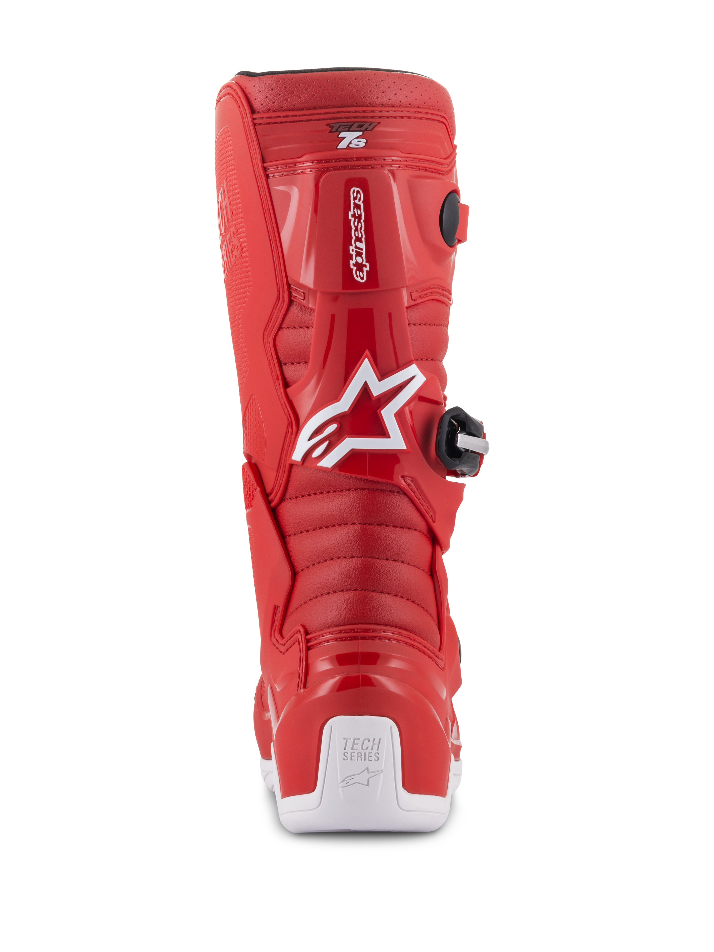Alpinestars Jeugd Tech 7S laarzen, rode motorcrosslaarzen, achteraanzicht met wit Alpinestars-logo en hielbeschermer, geribbelde flexzones, beschermende TPU-constructie voor off-road racen voor de jeugd