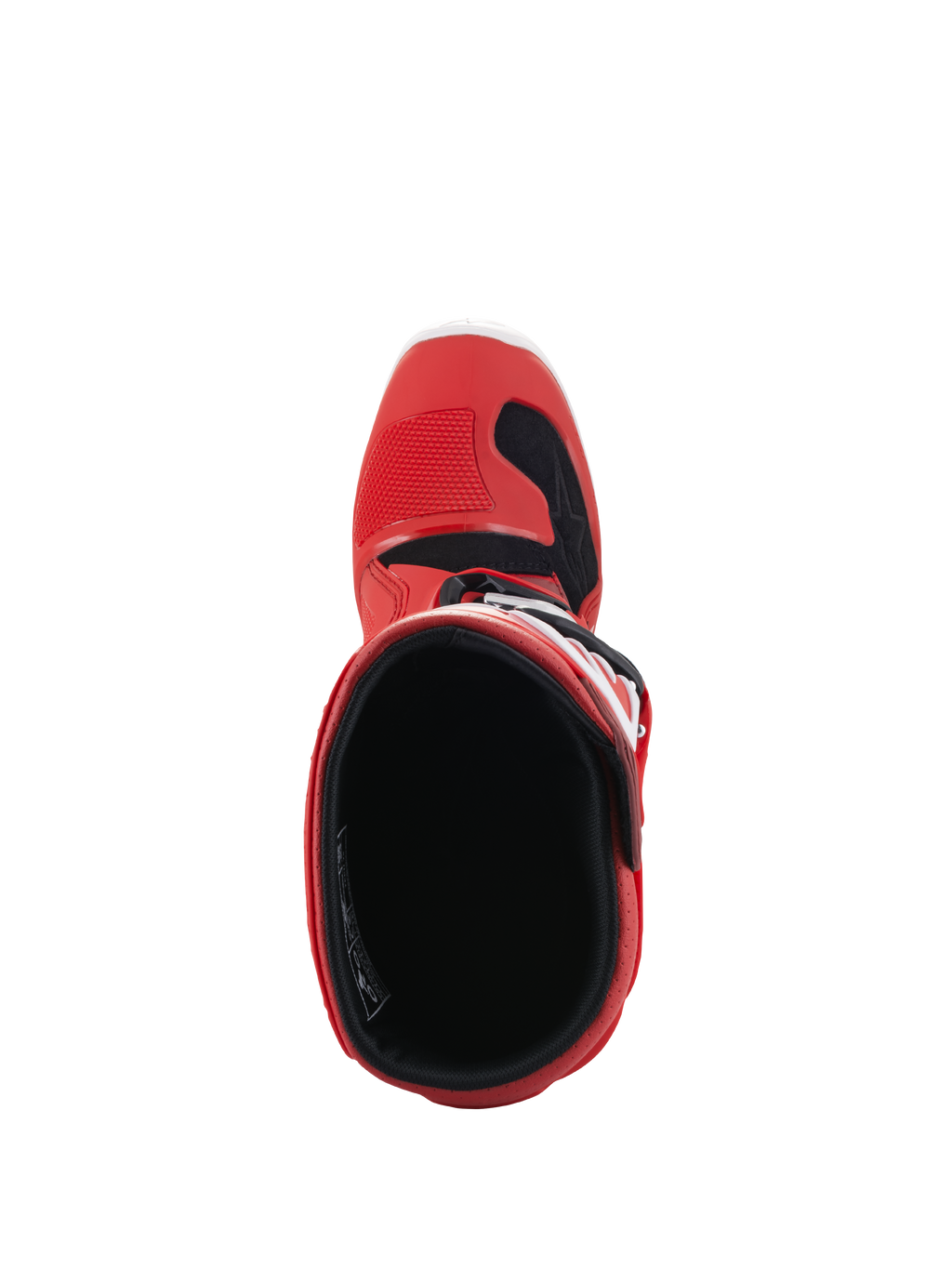 Alpinestars Youth Tech 7S laarzen, motorcrosslaarzen, rood, bovenaanzicht met de binnenvoering en opening, rode buitenzijde met zwarte en witte accenten, ontworpen voor junior off-road rijders