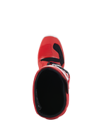 Alpinestars Youth Tech 7S laarzen, motorcrosslaarzen, rood, bovenaanzicht met de binnenvoering en opening, rode buitenzijde met zwarte en witte accenten, ontworpen voor junior off-road rijders