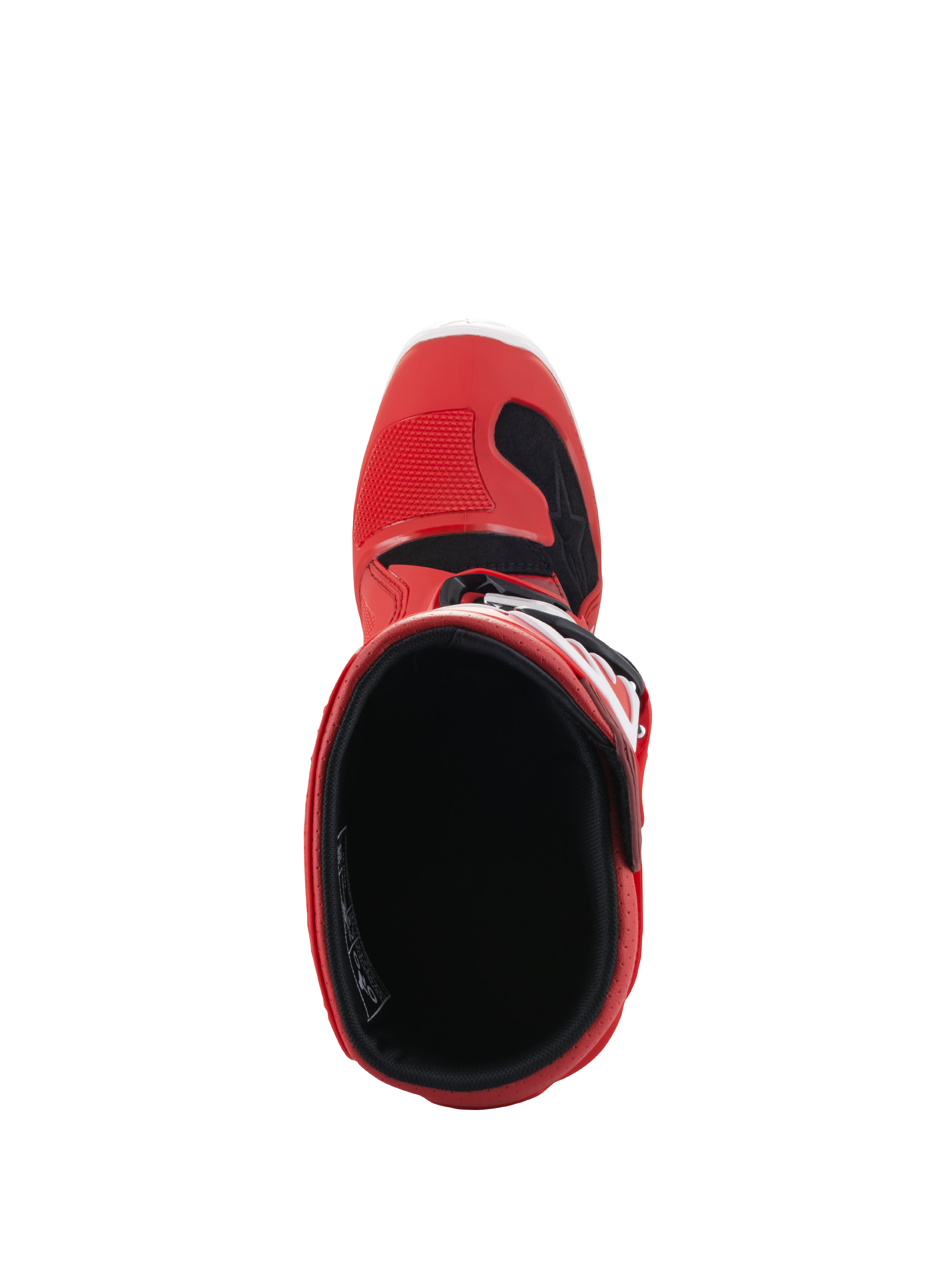 Alpinestars Youth Tech 7S laarzen, motorcrosslaarzen, rood, bovenaanzicht met de binnenvoering en opening, rode buitenzijde met zwarte en witte accenten, ontworpen voor junior off-road rijders