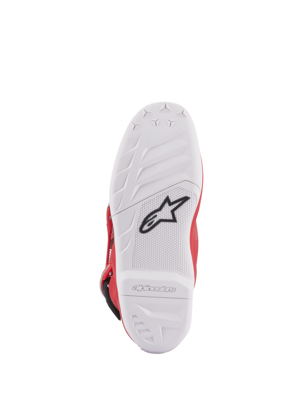 Alpinestars Youth Tech 7S laarzen, onderaanzicht van de zool, witte samengestelde zool met zwart sterlogo, rubberen patroon met hoge grip voor superieure duurzaamheid en gevoel, Alpinestars-logo in reliëf op de hiel