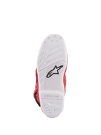 Alpinestars Youth Tech 7S laarzen, onderaanzicht van de zool, witte samengestelde zool met zwart sterlogo, rubberen patroon met hoge grip voor superieure duurzaamheid en gevoel, Alpinestars-logo in reliëf op de hiel