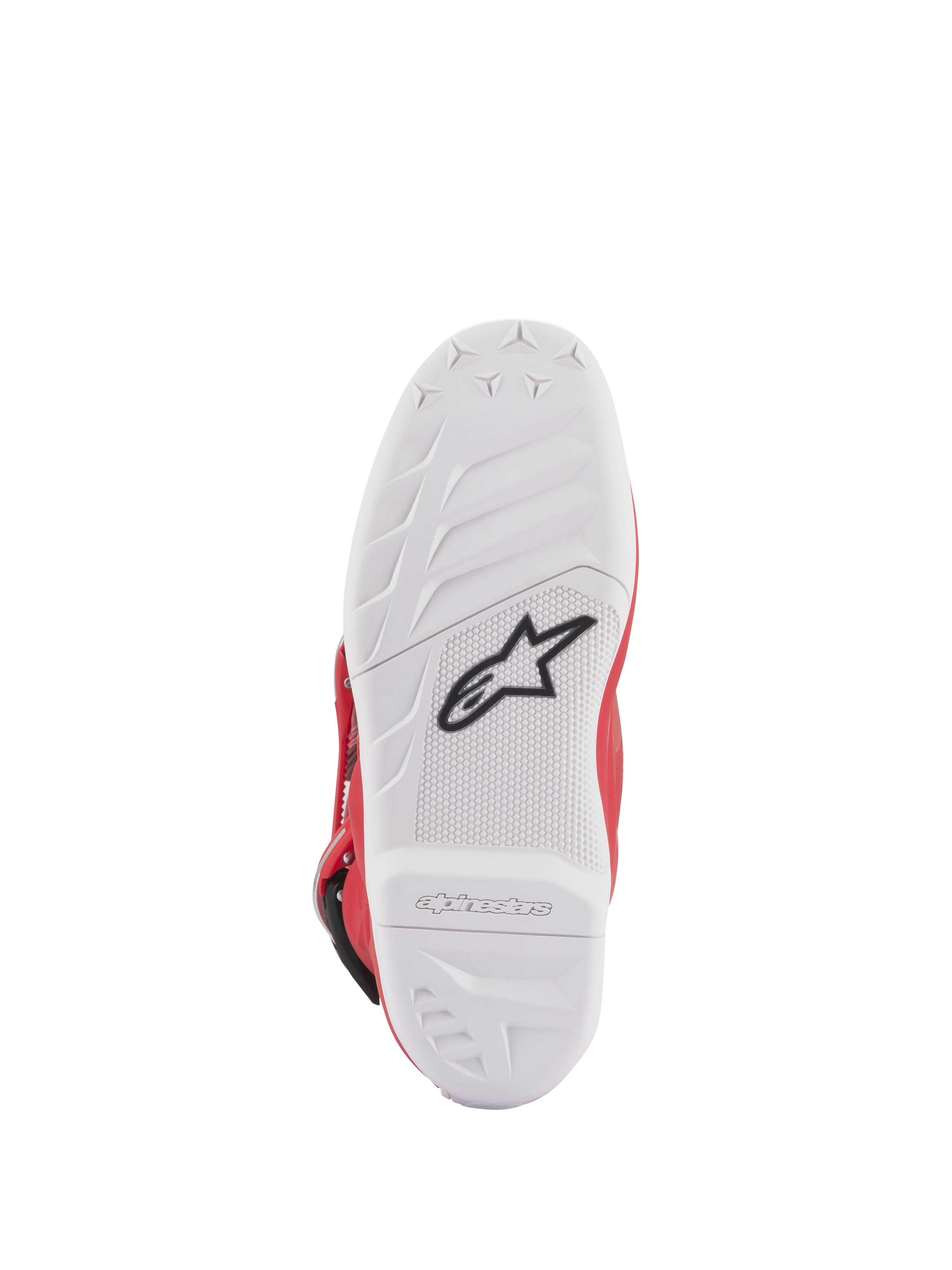 Alpinestars Youth Tech 7S laarzen, onderaanzicht van de zool, witte samengestelde zool met zwart sterlogo, rubberen patroon met hoge grip voor superieure duurzaamheid en gevoel, Alpinestars-logo in reliëf op de hiel