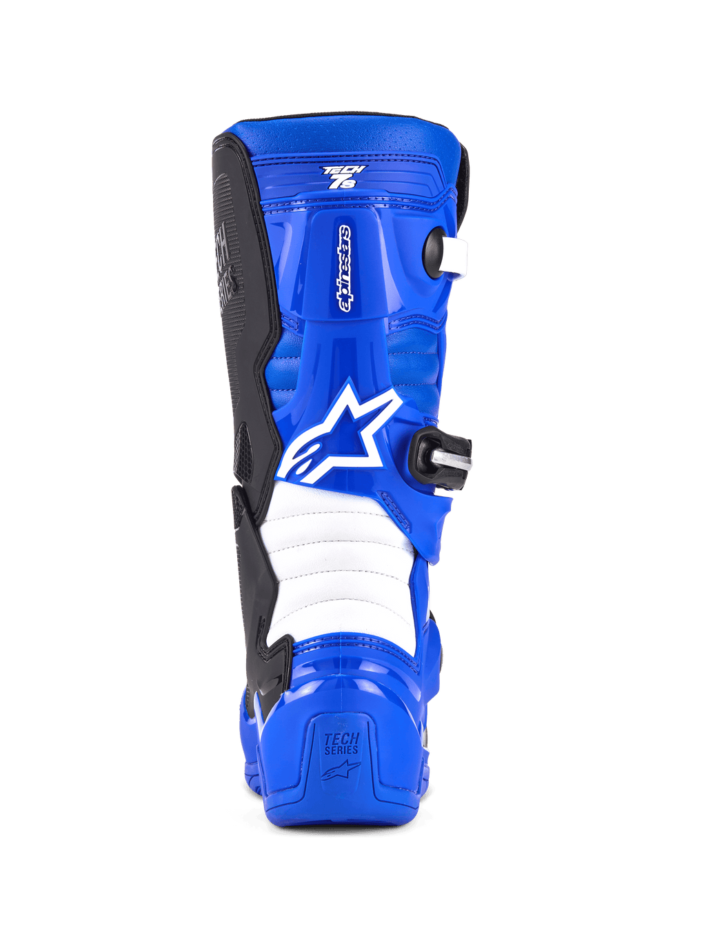Alpinestars Youth Tech 7 S laarzen, motocrosslaarzen, blauw, zwart en wit, achteraanzicht met wit Alpinestars-logo, blauwe TPU-schaal met witte accordeon flexzones, beschermend schoeisel voor off-road rijden voor jongeren.