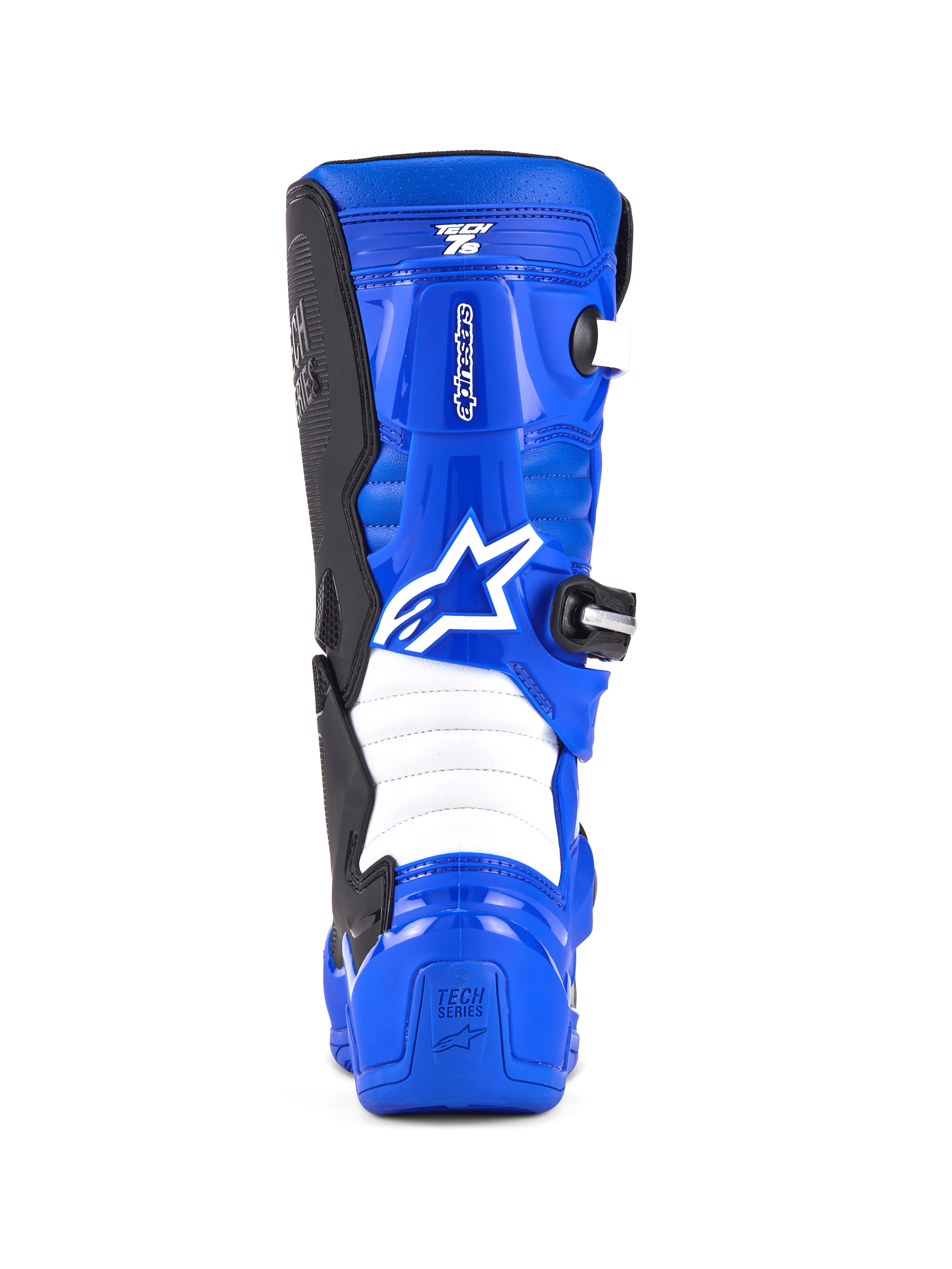Alpinestars Youth Tech 7 S laarzen, motocrosslaarzen, blauw, zwart en wit, achteraanzicht met wit Alpinestars-logo, blauwe TPU-schaal met witte accordeon flexzones, beschermend schoeisel voor off-road rijden voor jongeren.