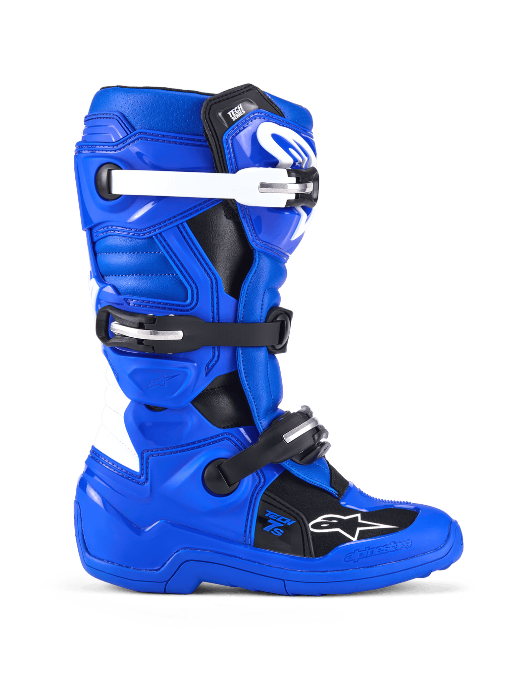 Alpinestars Youth Tech 7 S motorlaarzen, motorcrosslaarzen, blauw, zwart en wit, zijaanzicht met een PU-versterkt bovenwerk van microvezel, sluitsysteem met vier gespen met witte en zwarte riemen, TPU-scheenplaat en Alpinestars-logo, beschermend off-road schoeisel voor jeugdige rijders