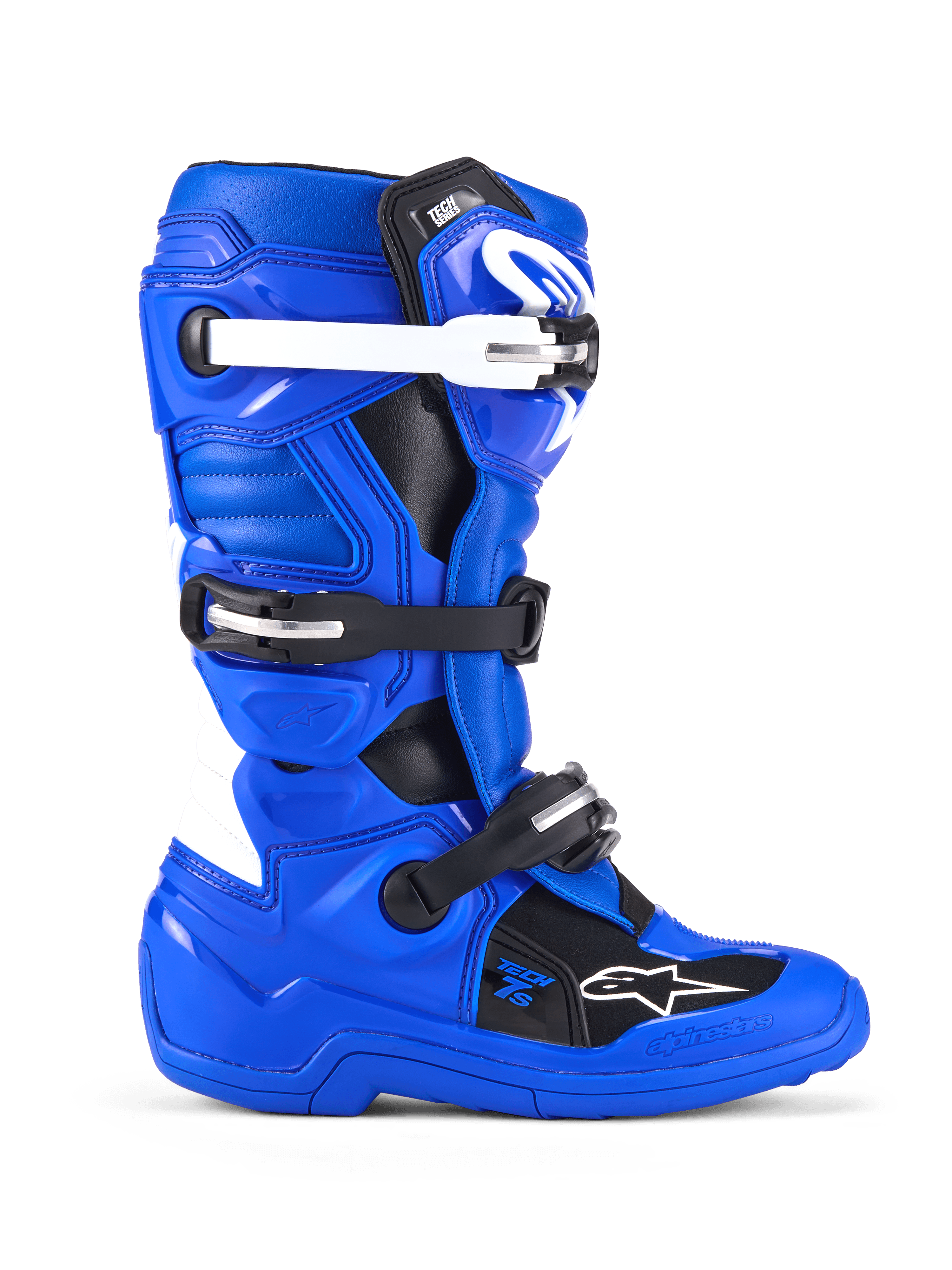 Alpinestars Youth Tech 7 S motorlaarzen, motorcrosslaarzen, blauw, zwart en wit, zijaanzicht met een PU-versterkt bovenwerk van microvezel, sluitsysteem met vier gespen met witte en zwarte riemen, TPU-scheenplaat en Alpinestars-logo, beschermend off-road schoeisel voor jeugdige rijders