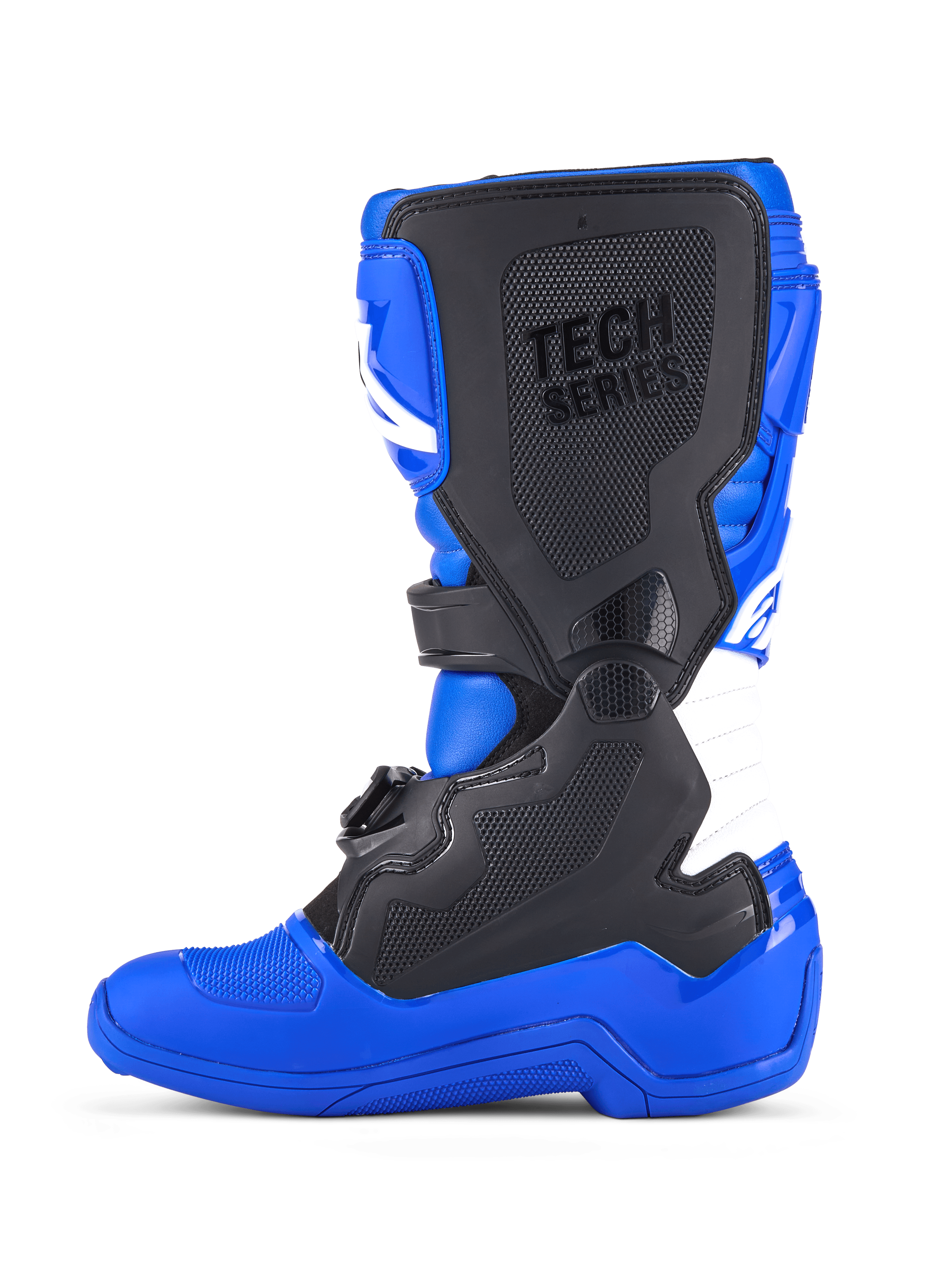 Alpinestars Youth Tech 7 S laarzen, motorcrosslaarzen, blauw, zwart en wit, zijaanzicht met zwarte beschermende TPU-panelen, 'TECH SERIES'-branding op de scheenplaat, witte accordeon-flexzone en een duurzame blauwe zool ontworpen voor off-road racen.
