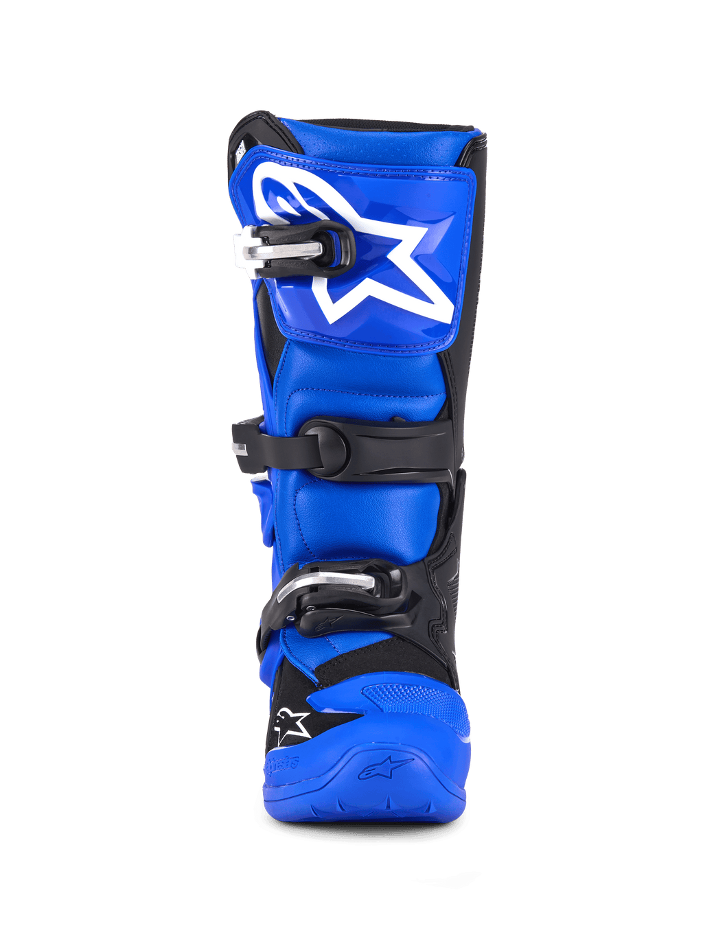 Alpinestars Youth Tech 7 S laarzen, motocrosslaarzen, blauw, zwart en wit, vooraanzicht met drievoudige gespsluiting, groot wit Alpinestars logo op de scheenplaat, duurzame blauwe zool, hoogwaardige beschermende uitrusting voor jonge rijders