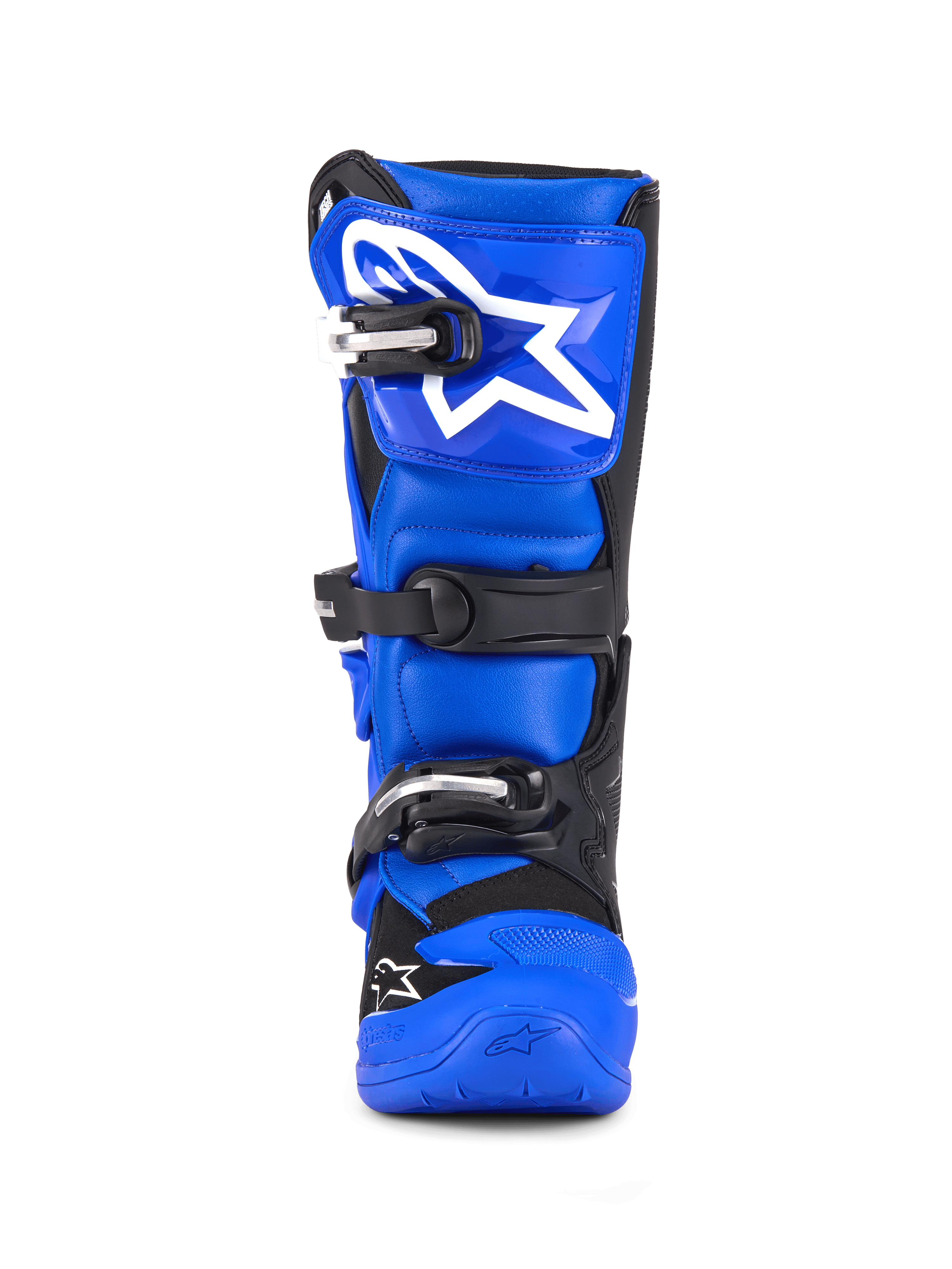 Alpinestars Youth Tech 7 S laarzen, motocrosslaarzen, blauw, zwart en wit, vooraanzicht met drievoudige gespsluiting, groot wit Alpinestars logo op de scheenplaat, duurzame blauwe zool, hoogwaardige beschermende uitrusting voor jonge rijders