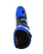 Alpinestars Youth Tech 7 S laarzen, motorcrosslaarzen, blauw, zwart en wit, bovenaanzicht met inkijk in de binnenkant van de laars, toont blauwe buitenzijde en zwarte voering, duurzame constructie met witte branding voor jeugd motorcross racing