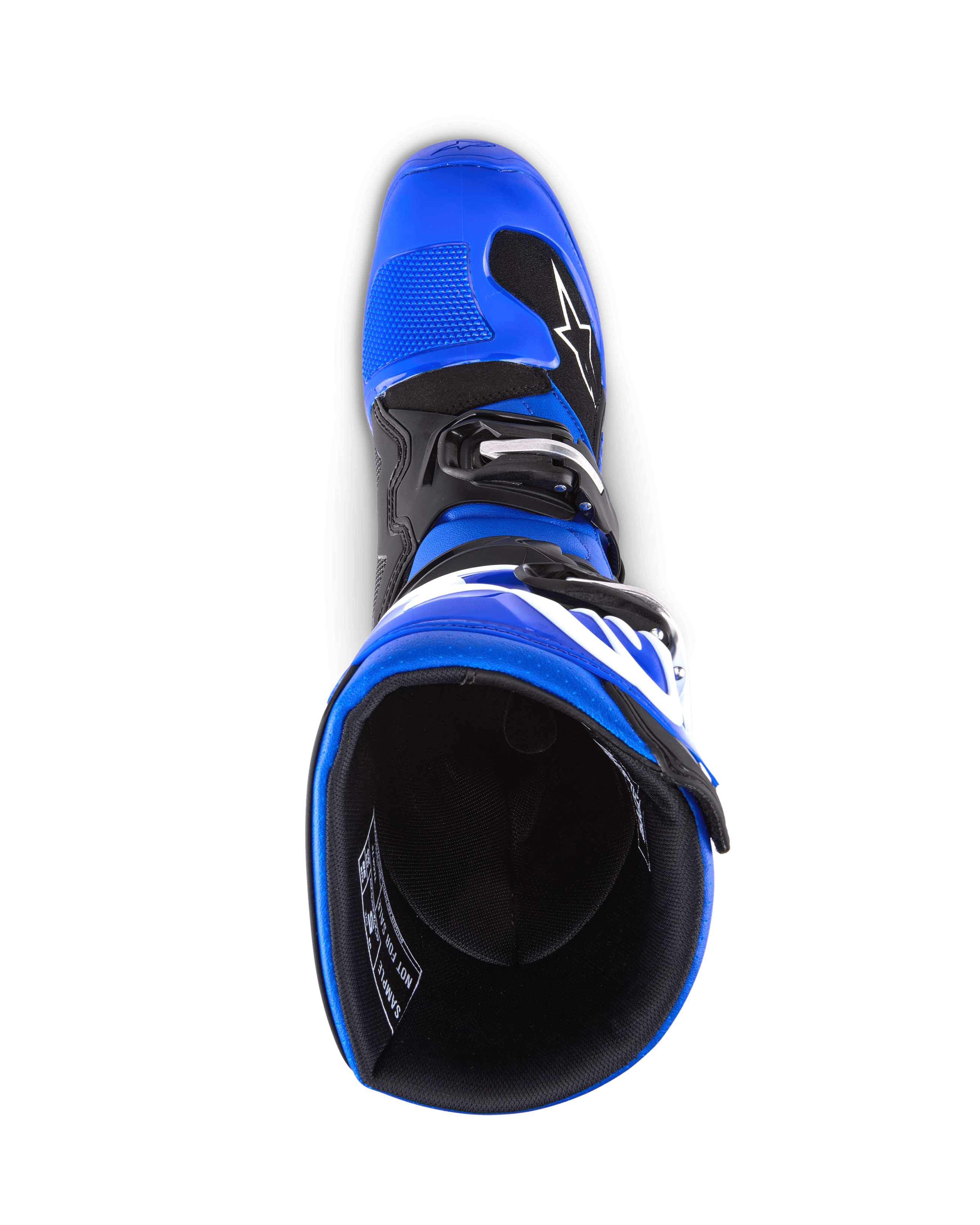 Alpinestars Youth Tech 7 S laarzen, motorcrosslaarzen, blauw, zwart en wit, bovenaanzicht met inkijk in de binnenkant van de laars, toont blauwe buitenzijde en zwarte voering, duurzame constructie met witte branding voor jeugd motorcross racing